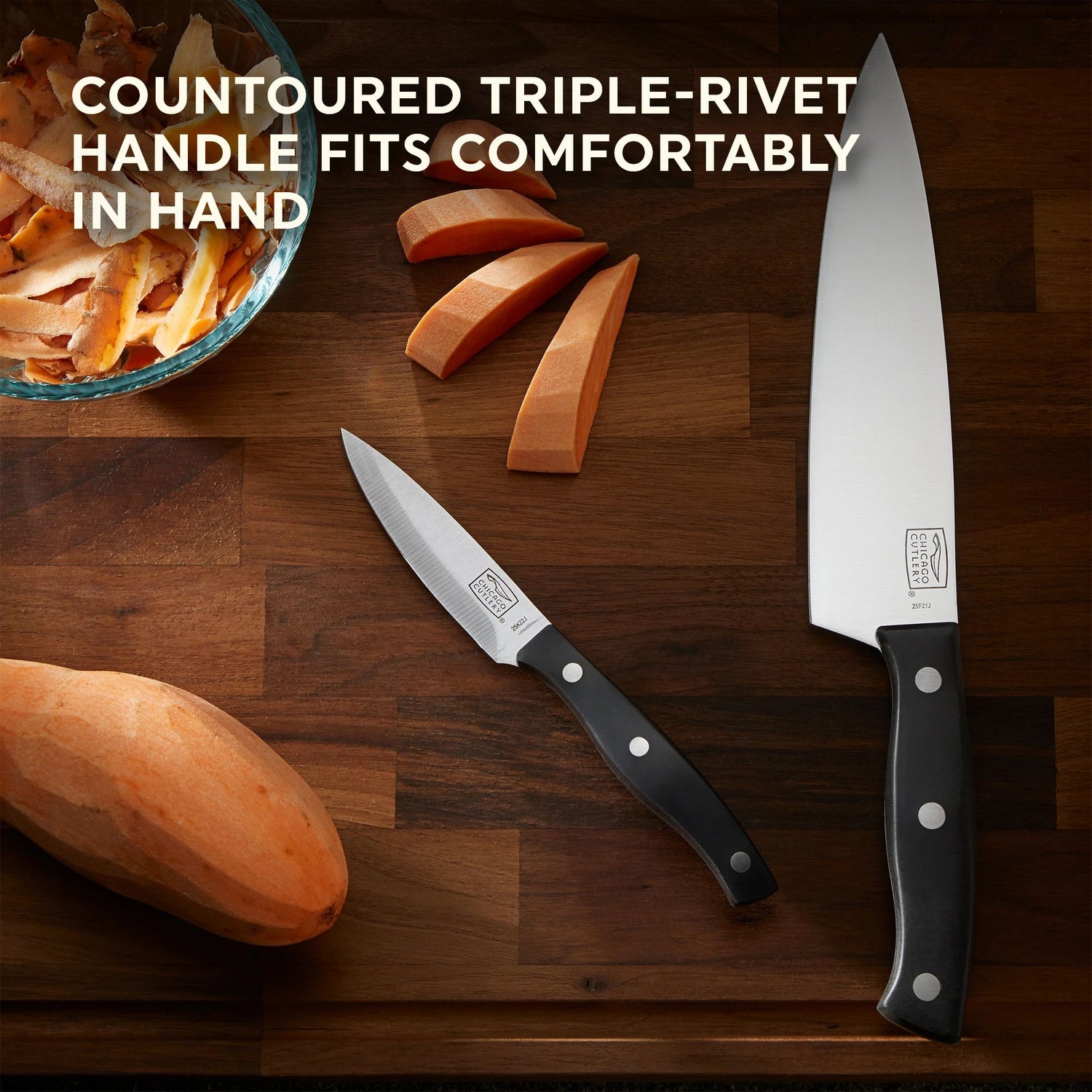 Ellsworth chef & paring knife with text on photo contoured triple-rivet handle fits comfortably in hand