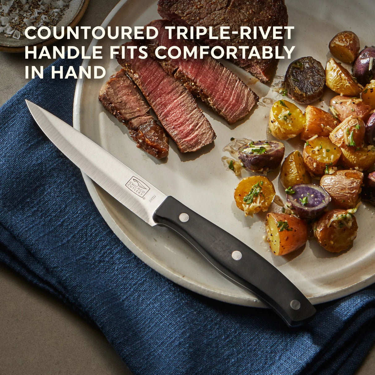 Ellsworth Steak Knife on plate with text contoured triple-rivet handle fits comfortably in hand