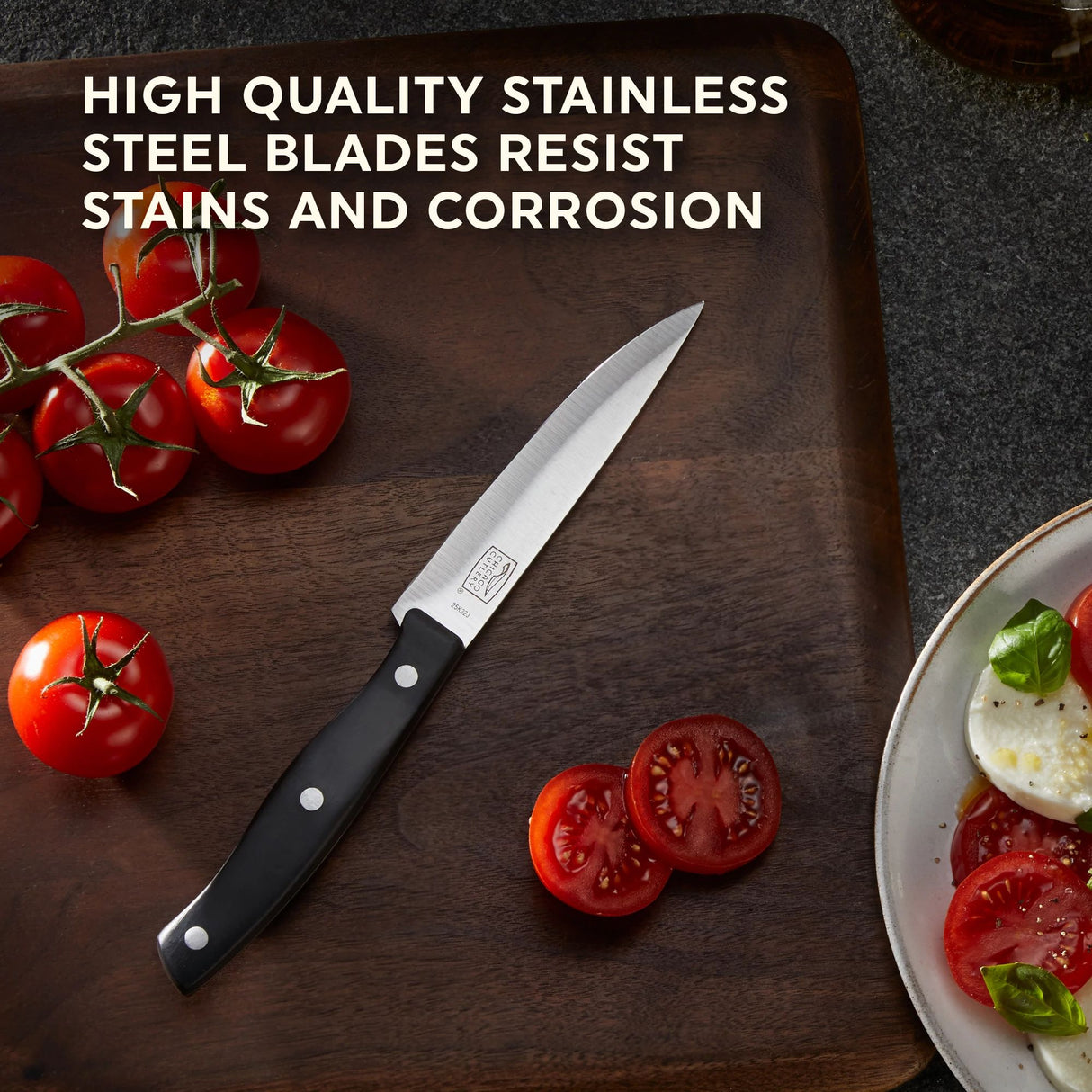 Ellsworth Steak Knife with text high quality stainless steel blades resist stains & corrosion