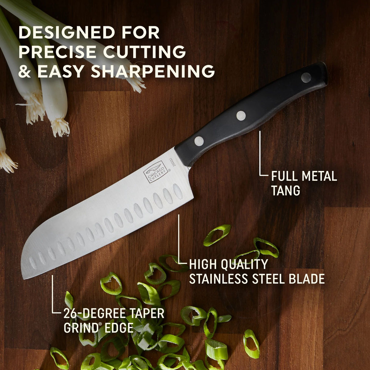 Ellsworth Santoku Knife with text designed for precise cutting & easy sharpening