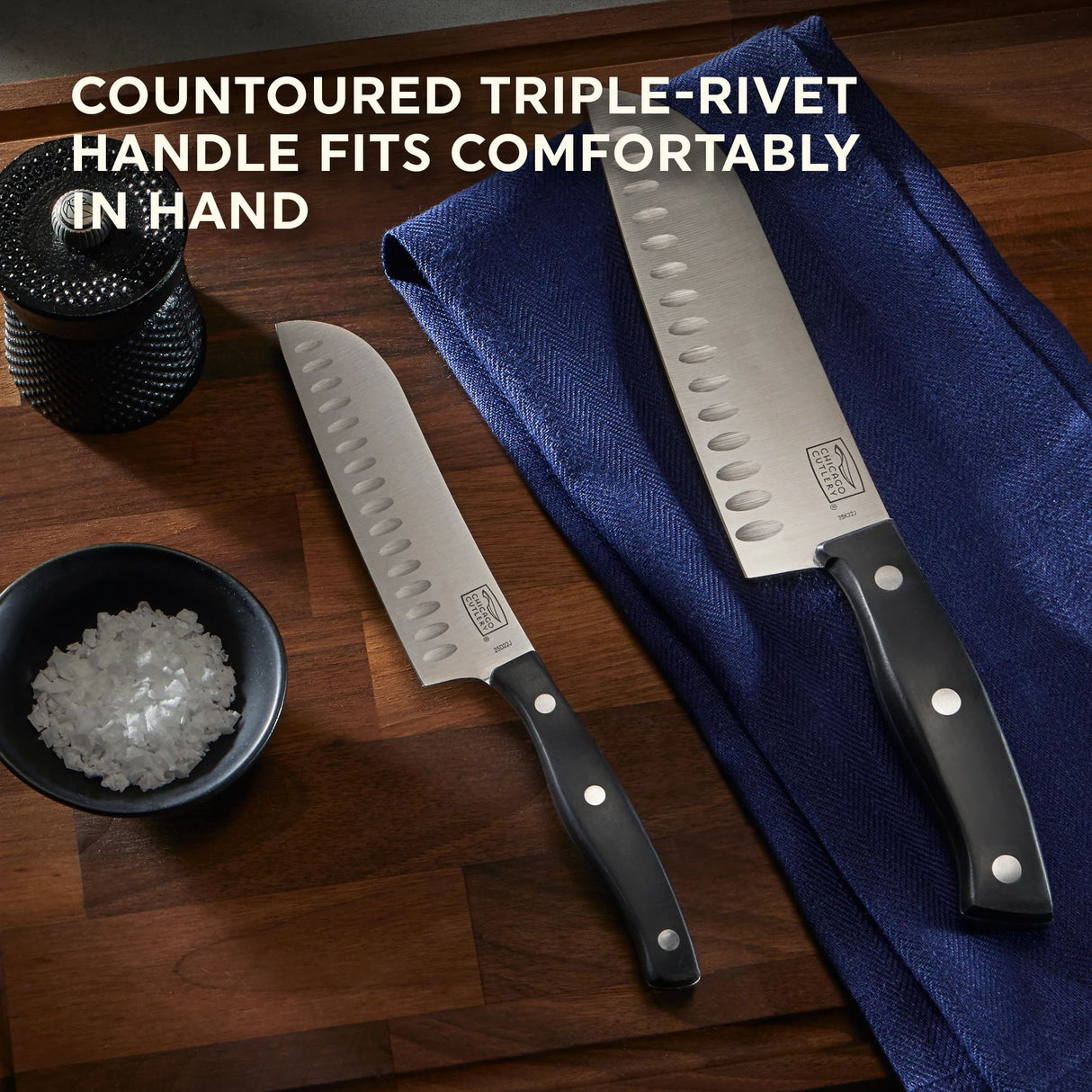 Ellsworth Santoku Knife with text countoured triple-rivet handle fits comfortably in hand