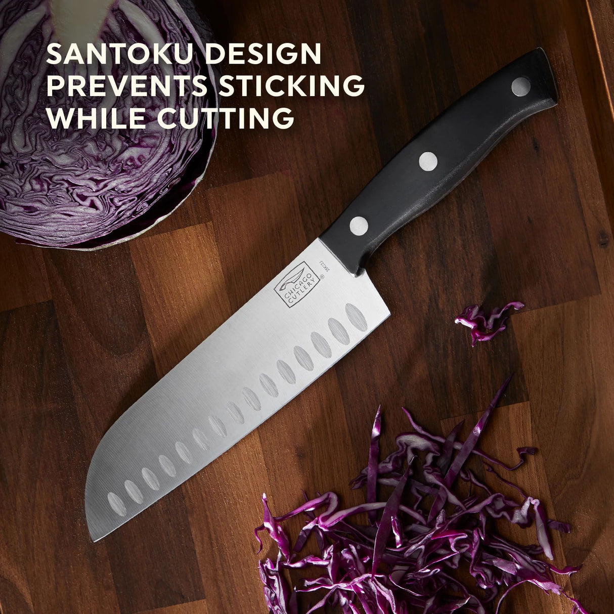 Ellsworth Santoku Knife with text Santoku design prevents sticking while cutting