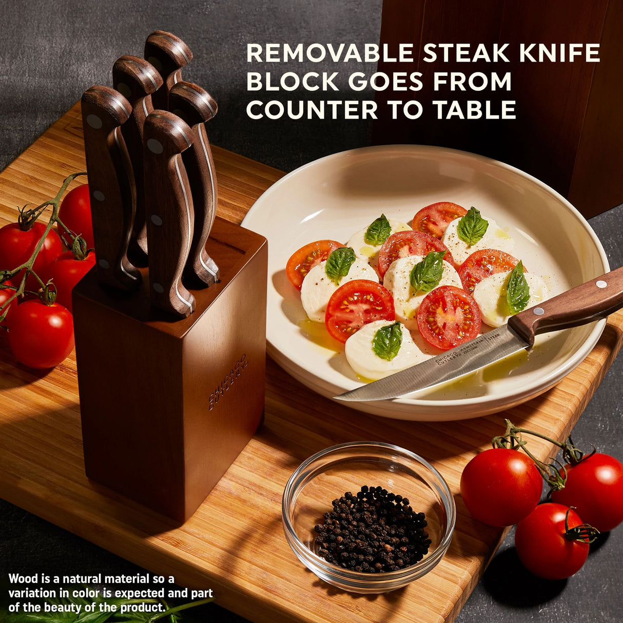 Racine 12-piece Block Set  with text removable steak knife block goes from counter to table (shown on counter with food)