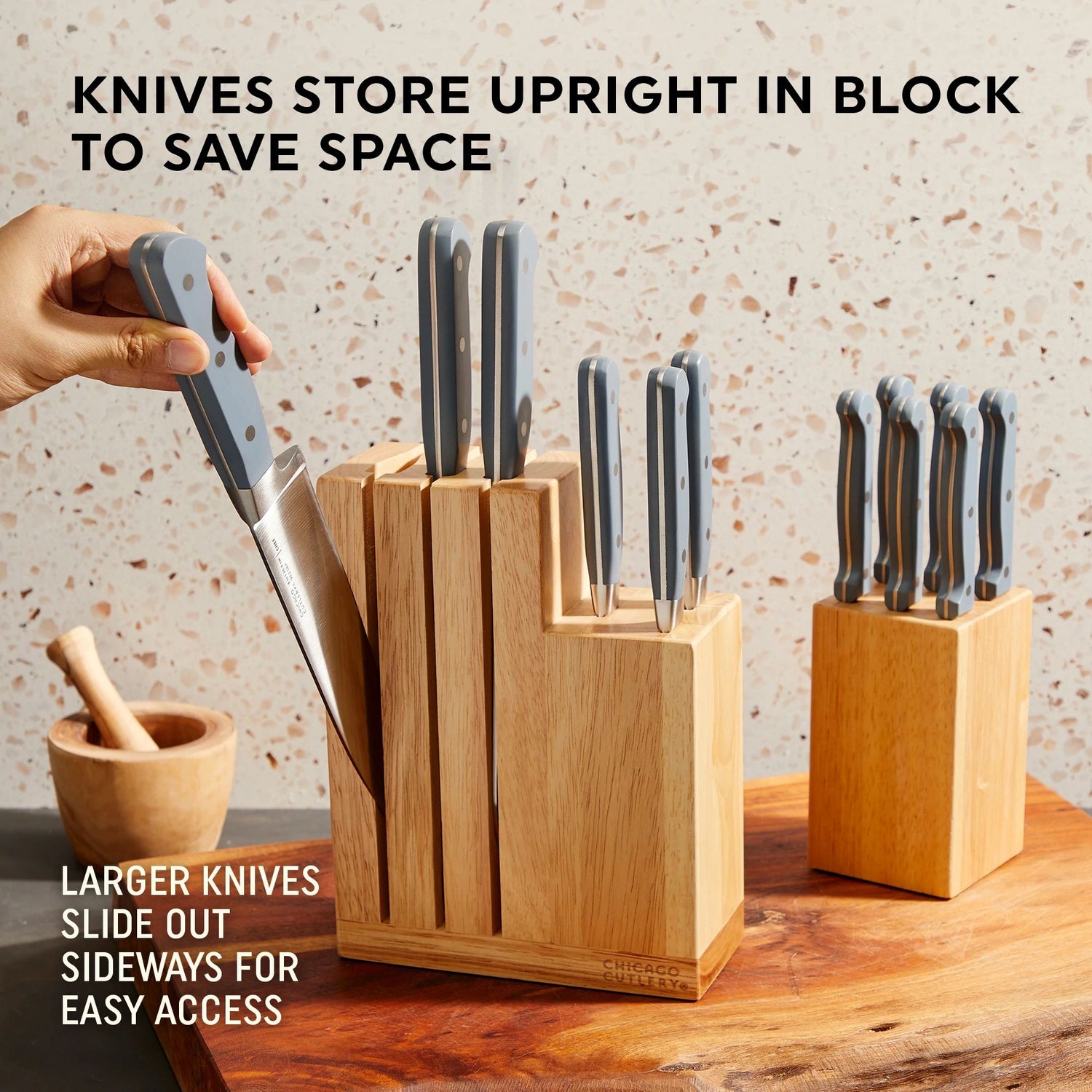 Halsted 14-piece Modular Block Set on counter with text knives storage upright in block to save space