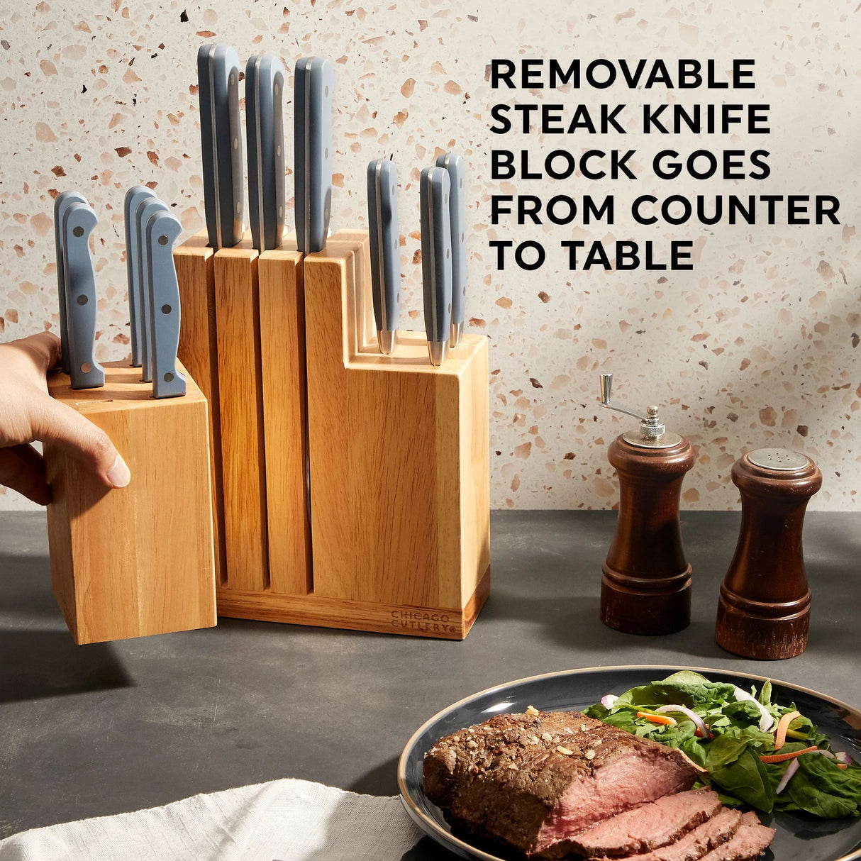Halsted 14-piece Modular Block Set with text removable steak knife block goes from counter to table