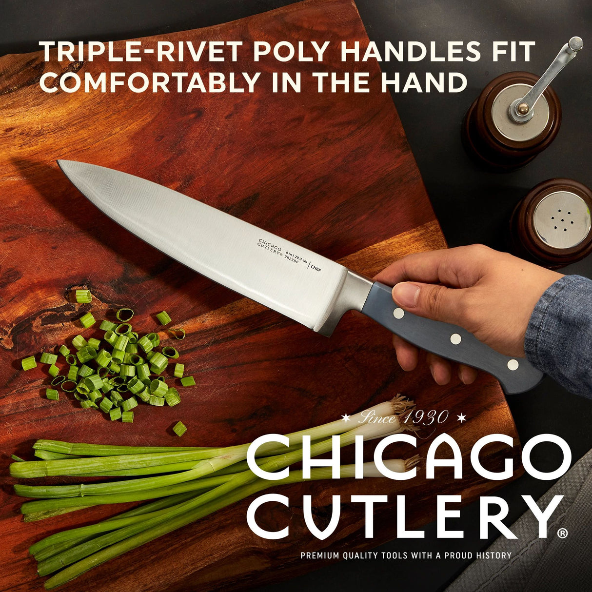 Halsted Chef knife with text triple-rivet poly handles fit comfortably in the hand