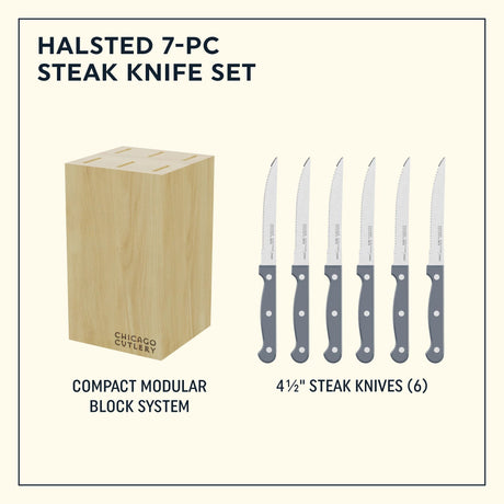  Halsted 7-piece Steak Knife Set photo shows set components and dimensions of steak knives - 4.5" long