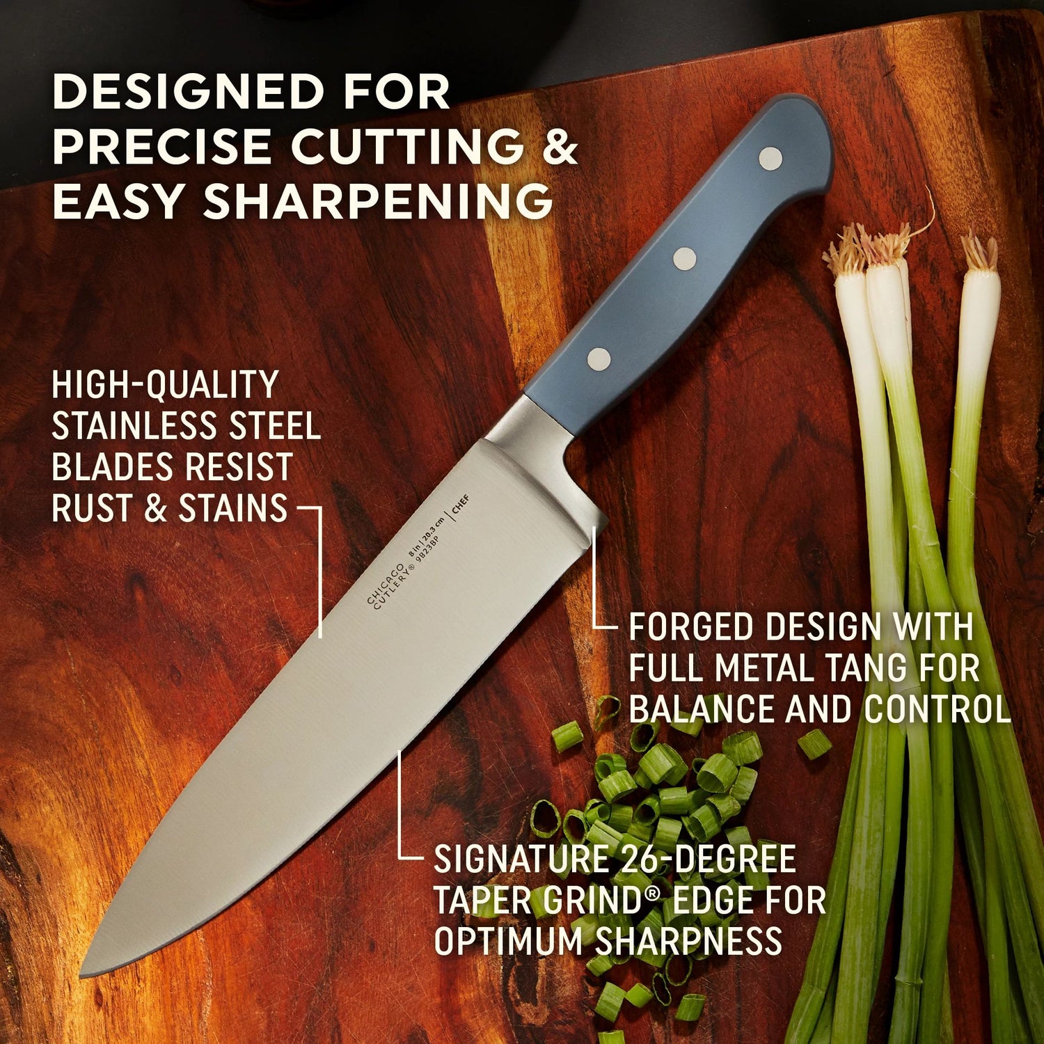 Halsted Chef Knife with text designed for precise cutting & easy sharpening