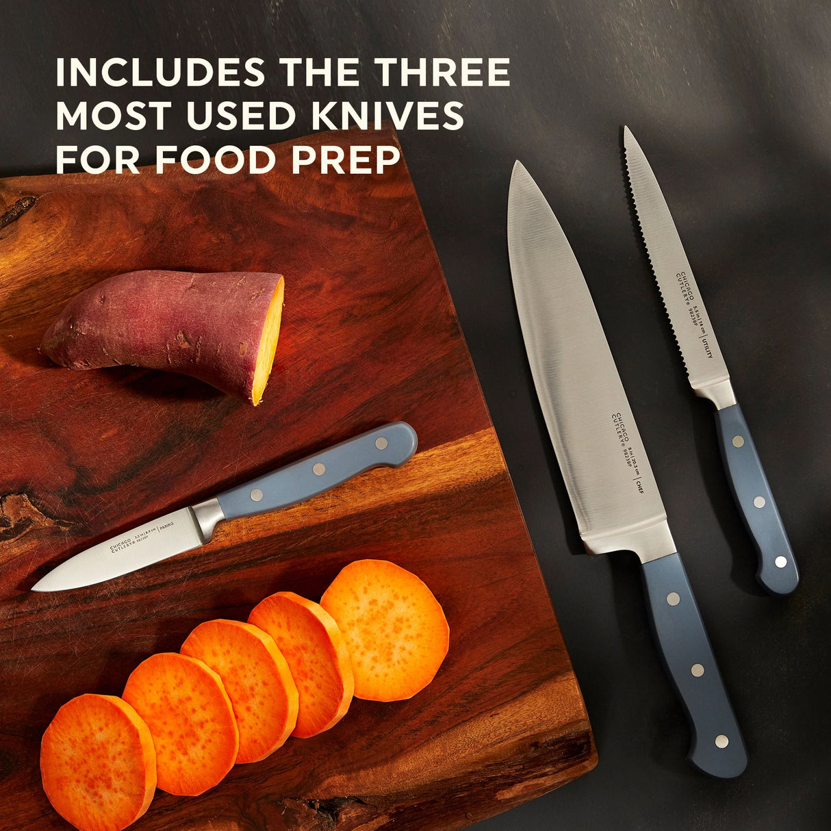 Halsted 3-piece Knife Set displayed with sweet potato and text includes the 3 most used knives for food prep