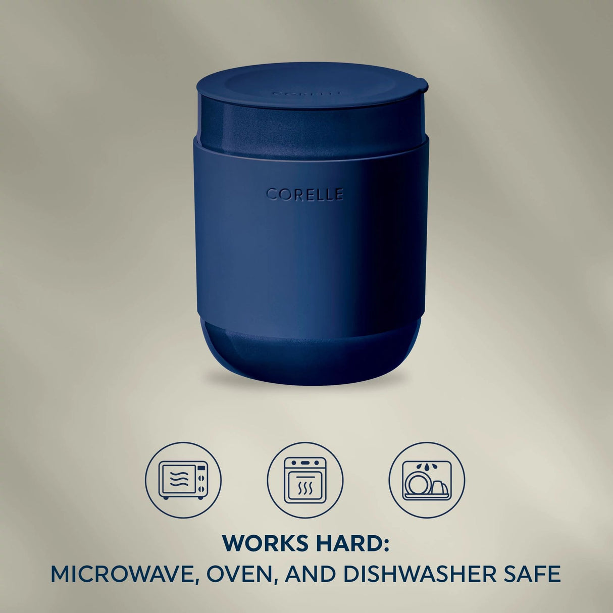  Text that says: Works hard: Microwave, oven and dishwasher safe