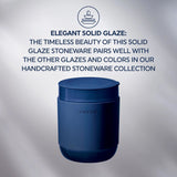  Text that says: Elegant solid glaze: The timeless beauty of this solid glaze stoneware pairs well with other glazes and colors
