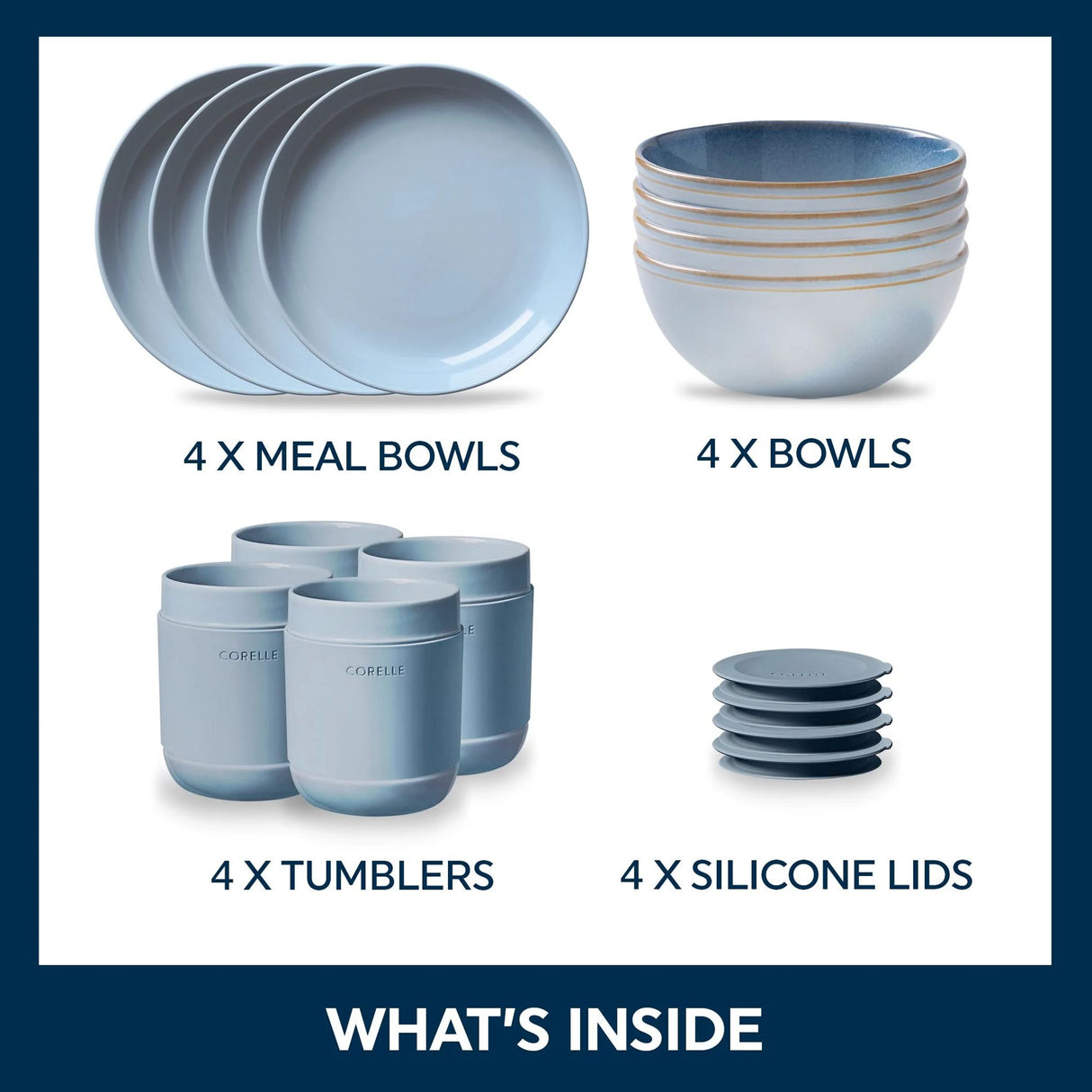 Nordic Blue Dinnerware pieces with Text that says: Whats inside