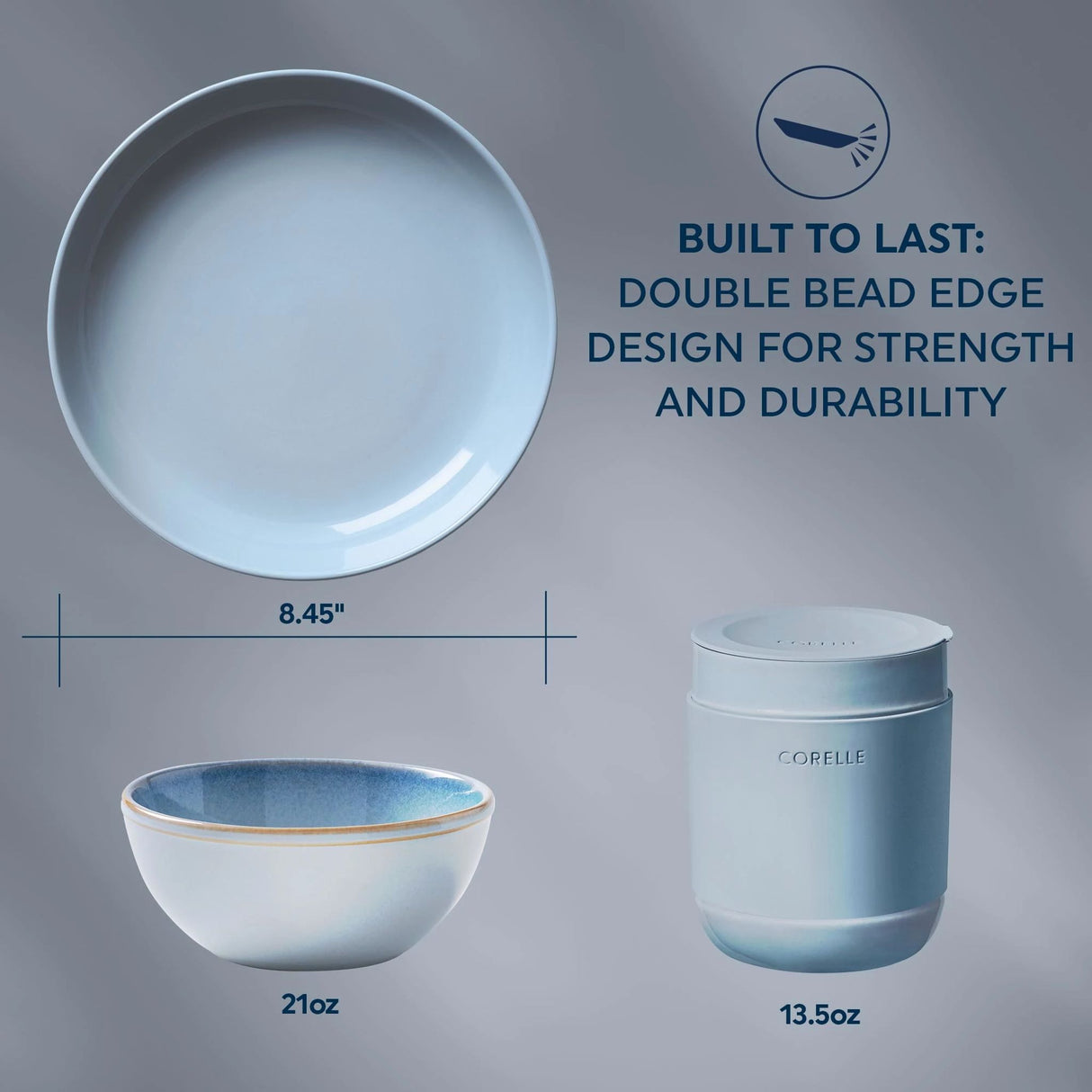 Nordic Blue Dinnerware pieces with Text that says: Built to last: Double bead edge design for strength and durability