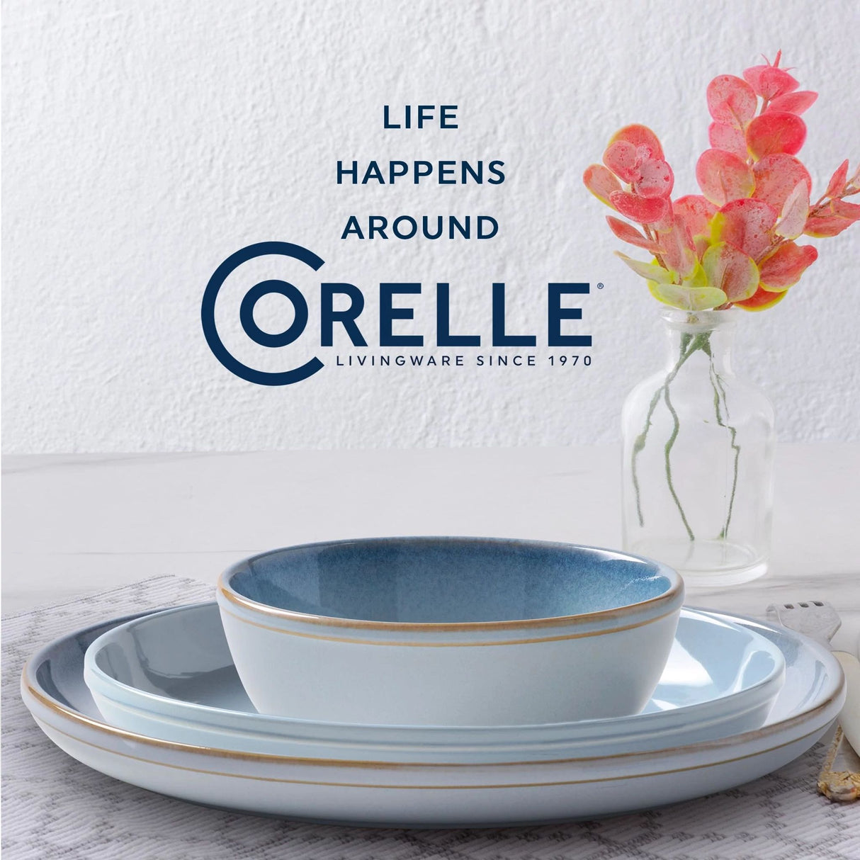 Nordic Blue Dinnerware pieces with Text that says: Life happens around Corelle, Livingware since 1970