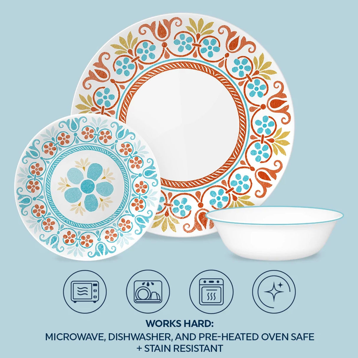 Terracotta Dreams dinnerware plates & bowl text works hard microwave, dishwasher & preheated oven safe & stain resistant