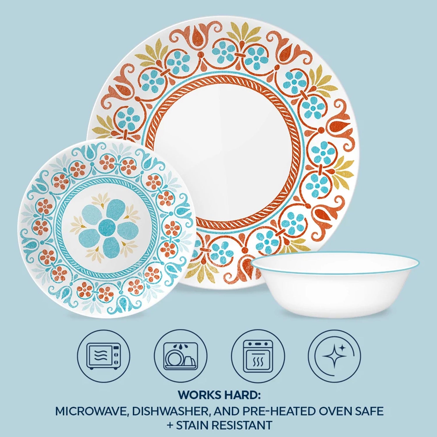 Terracotta Dreams dinnerware plates & bowl text works hard microwave, dishwasher & preheated oven safe & stain resistant