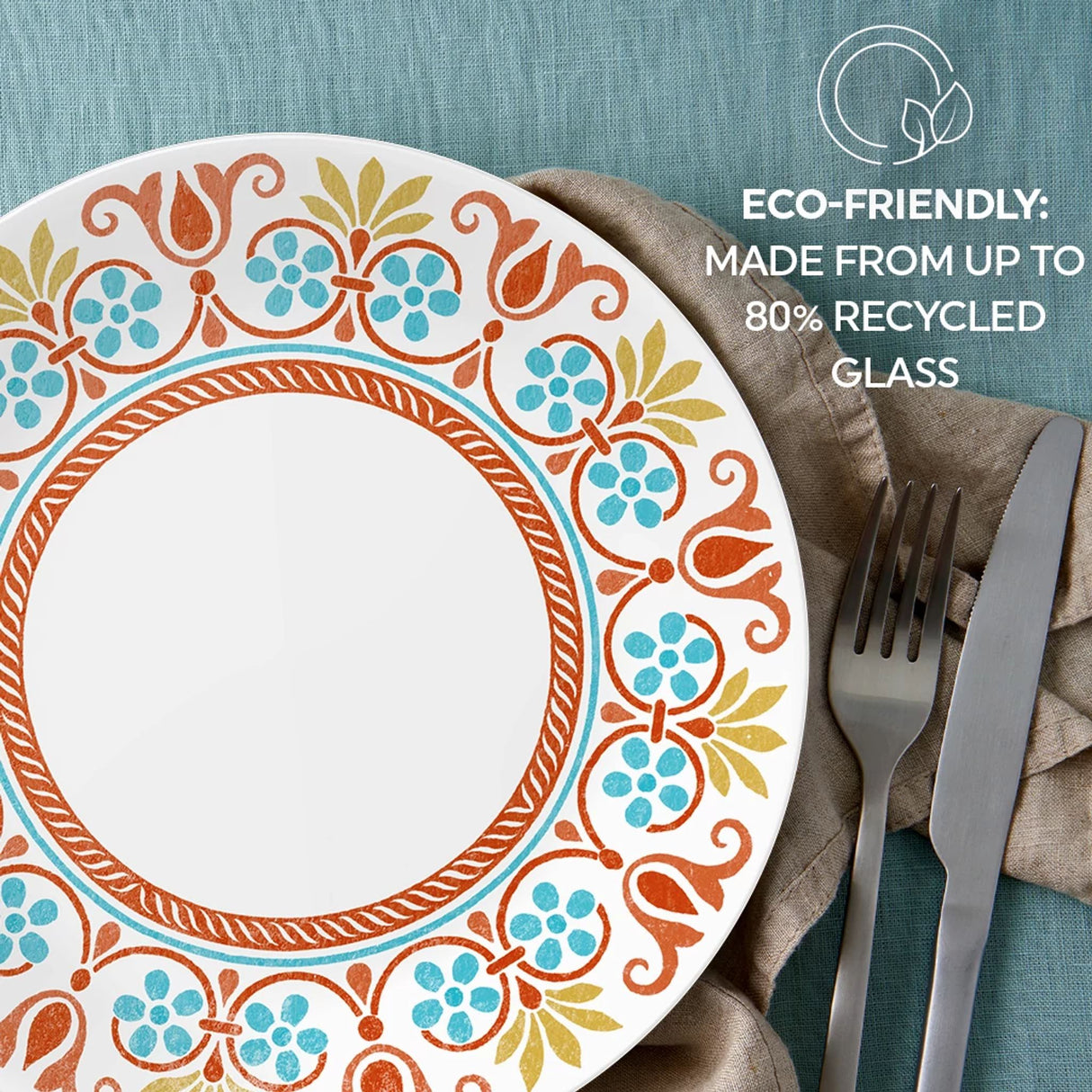 Terracotta Dreams dinnerplate with text text that says eco-friendly made from up to 80% recycled glass