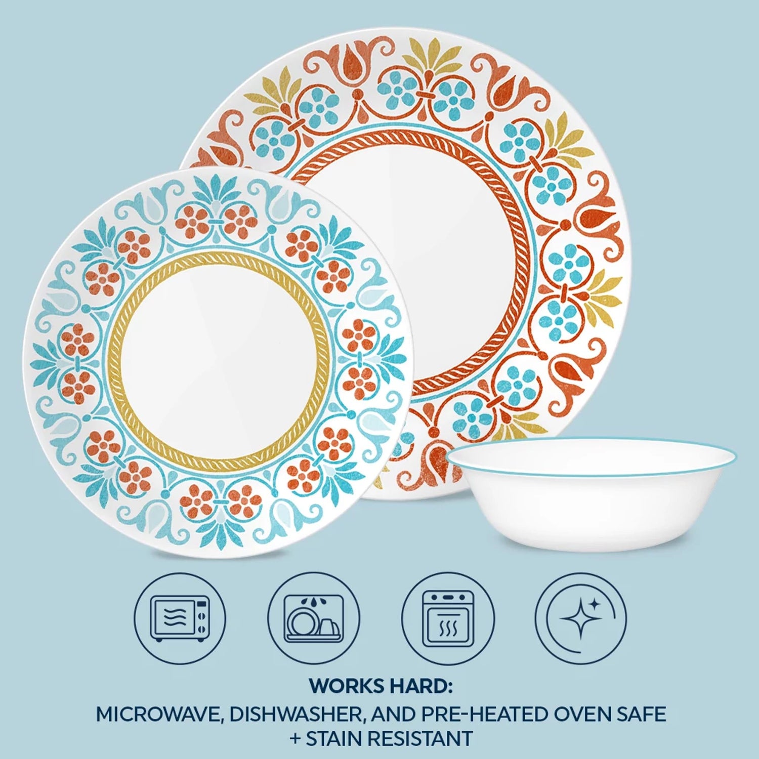 Terracotta Dreams dinnerset pieces on table with text: works hard microwave,dishwasher & preheated ovensafe & stain resistant