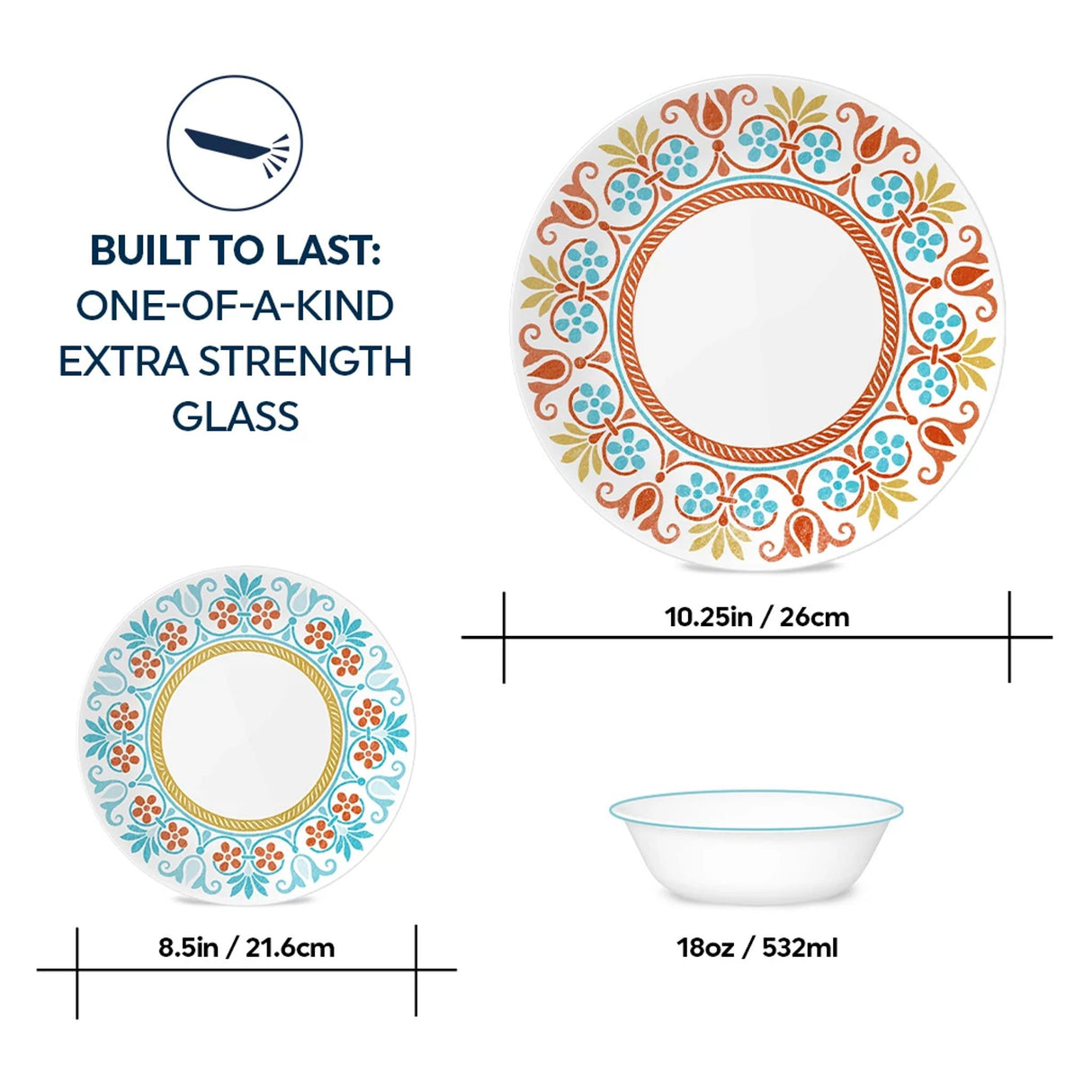 Terracotta Dreams dinnerware with text that says built to last one-of-a-kind extra strength glass