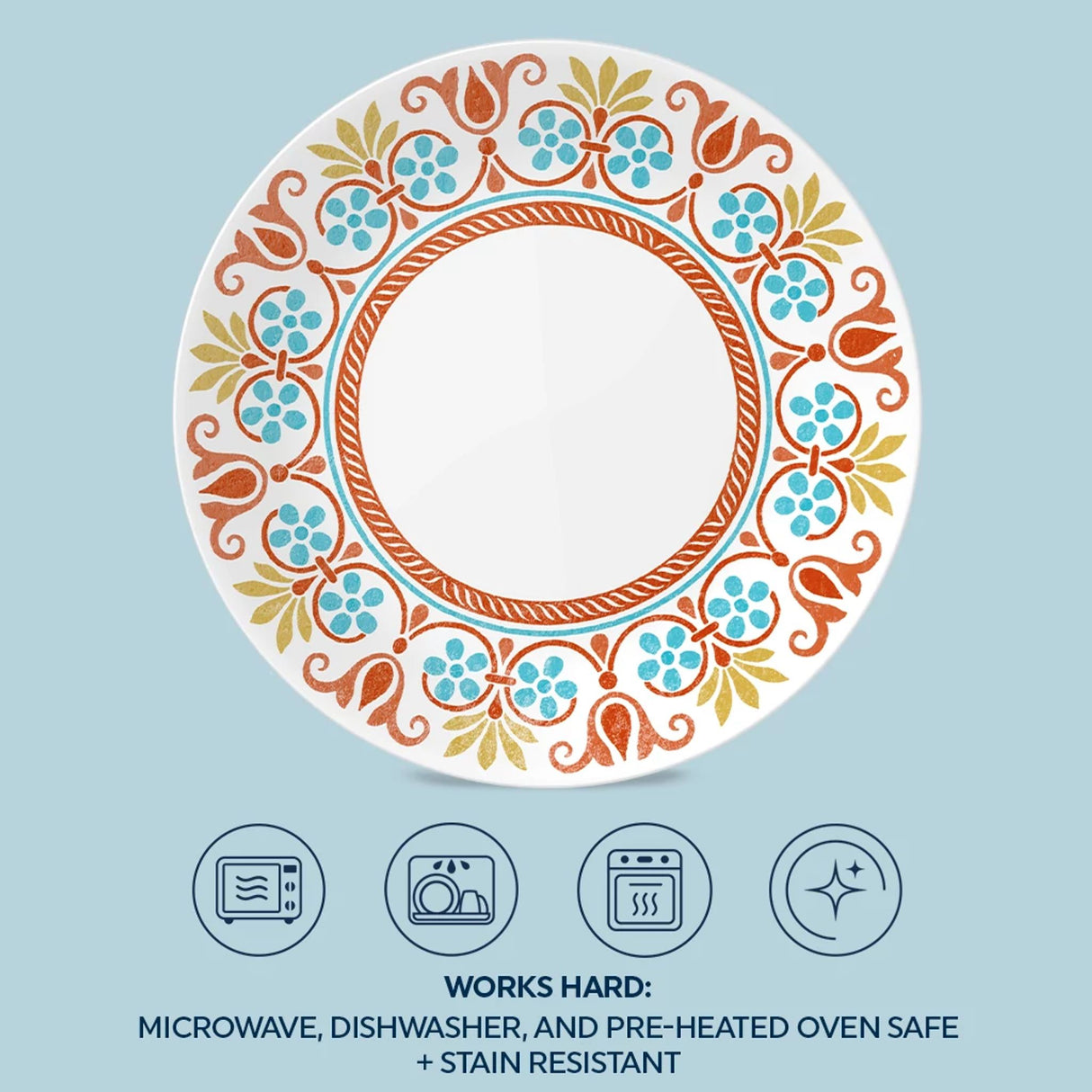 Terracotta Dreams 10.25” Dinner Plate with text: works hard microwave,dishwasher & preheated ovensafe & stain resistant