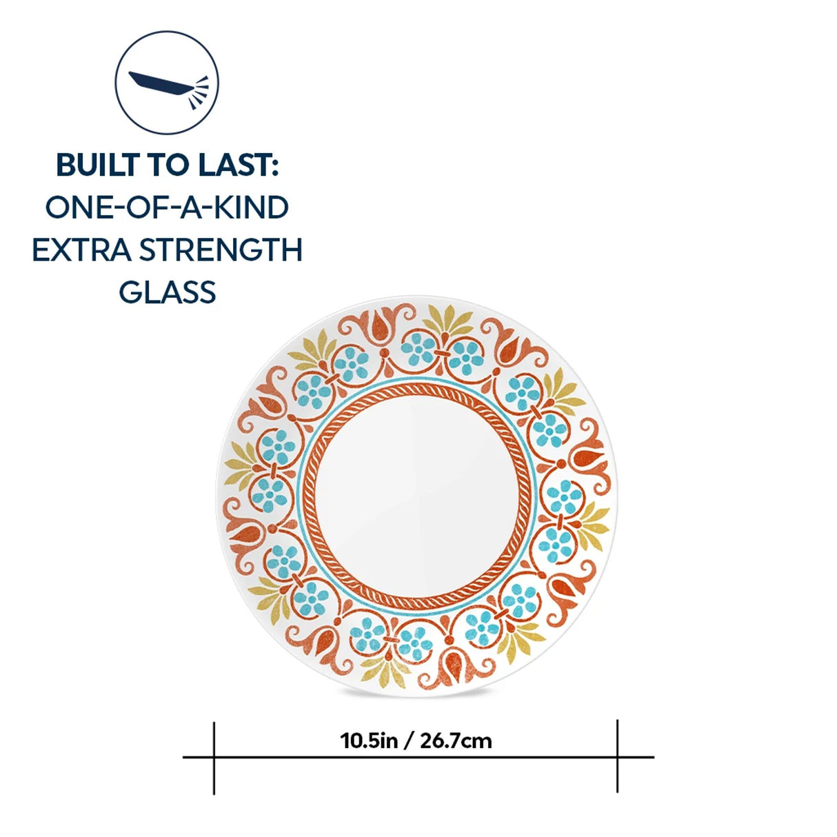 Terracotta Dreams Dinnerplate with text: built to last one of a kind extra strength glass