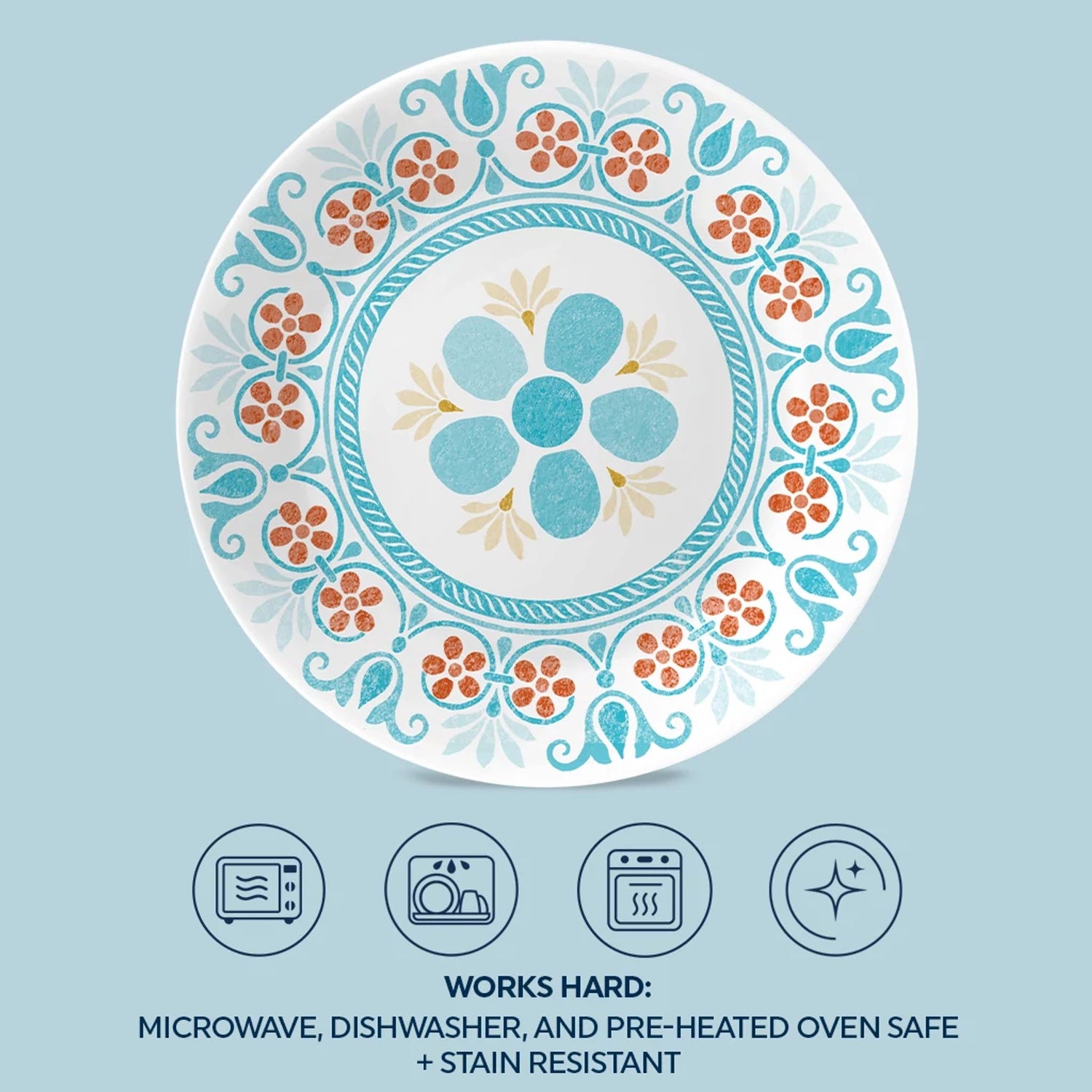 Terracotta Dreams 6.75” Appetizer Plate with text: works hard microwave,dishwasher & preheated ovensafe & stain resistant