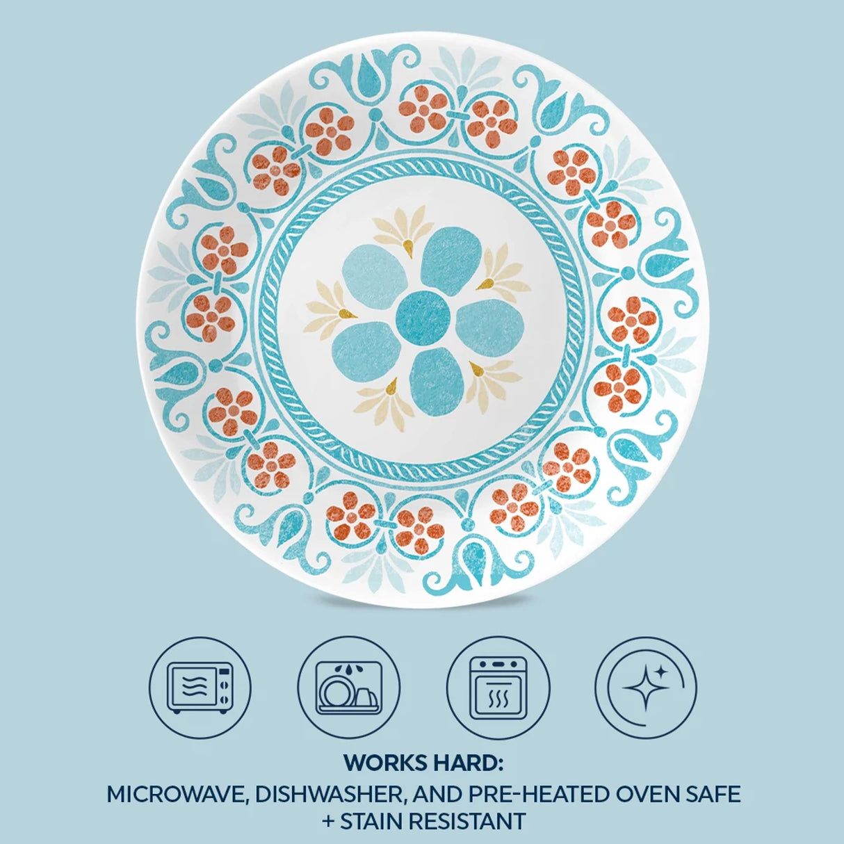 Terracotta Dreams 6.75” Appetizer Plate with text works hard microwave, dishwasher & preheated ovensafe & stain resistant