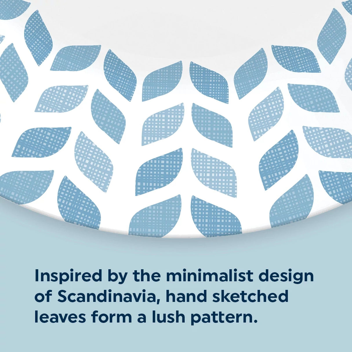 Northern Pines 10.25" Dinner Plate upclose view with text inspired by minamalist design of Scandiavia hand sketched leaves