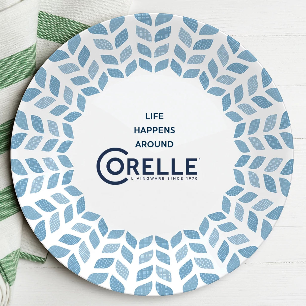 Global Collection Northern Pines 10.25" Dinner Plate with text life happens around Corelle