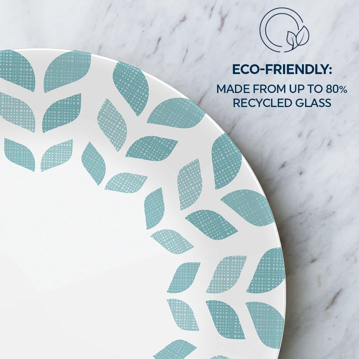 Northern Pines 8.5" Salad Plates on the table with text eco-friendly made from up to 80% recycled glass