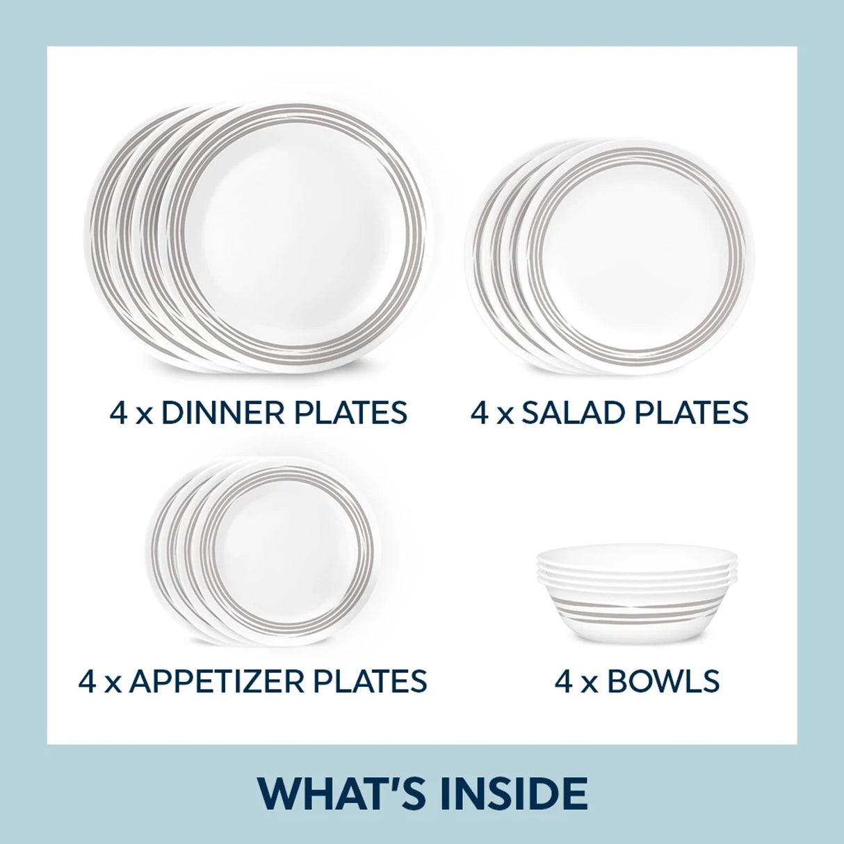 images shows what's inside: 4-dinnerplates, 4-salad plates, 4-appetizer plates, 4 soup cereal bowls