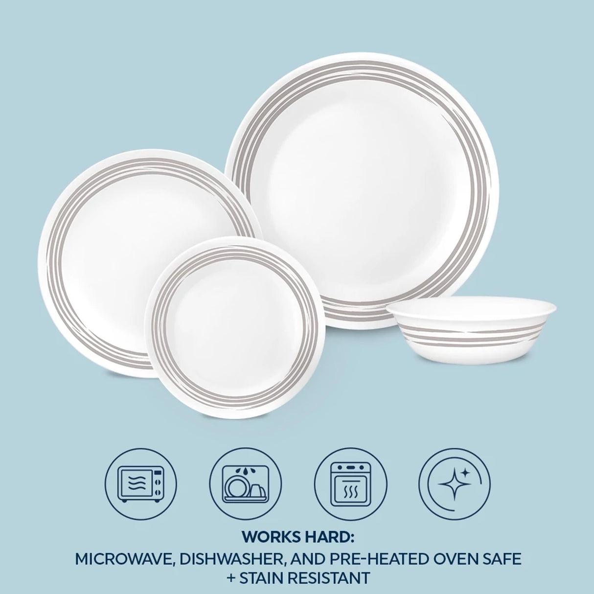 Brushed Silver Dinner set with text works hard microwave,dishwasher & preheated ovensafe&stain resistant