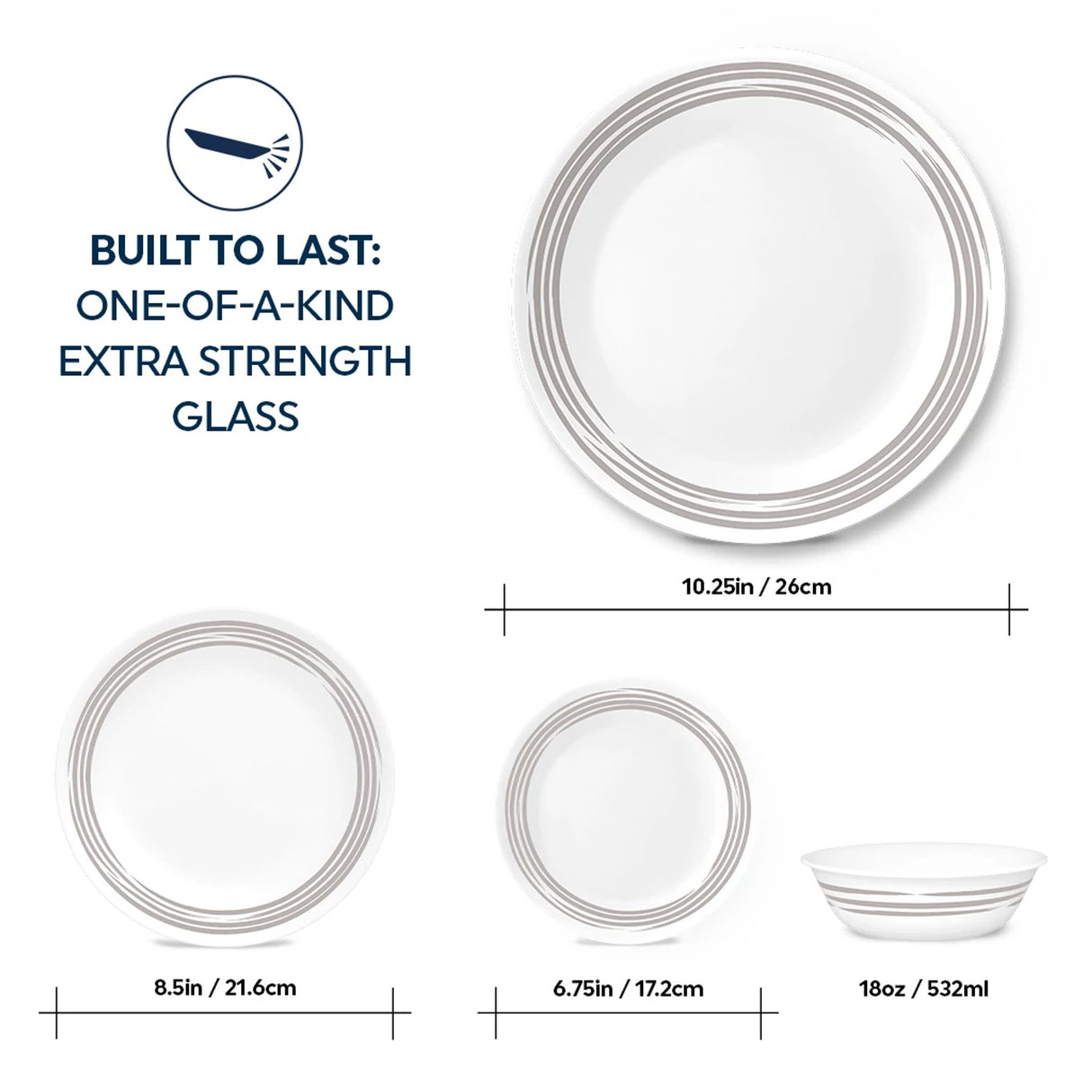 Brushed Silver dinnerplate with text built to last one-of-a-kind extra strength glass