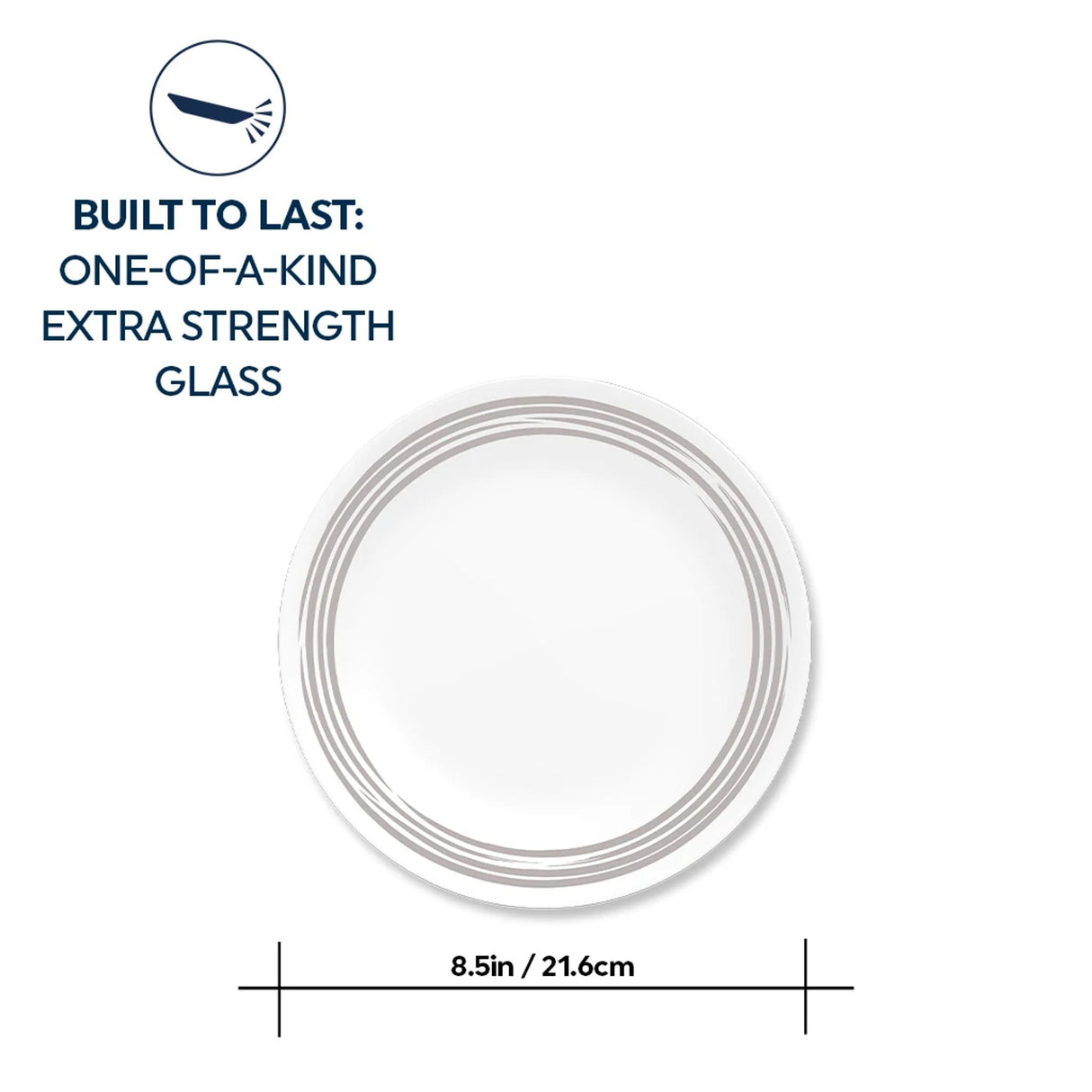 Brushed Silver Salad Plate with text built one-of-a-kind extra strength glass