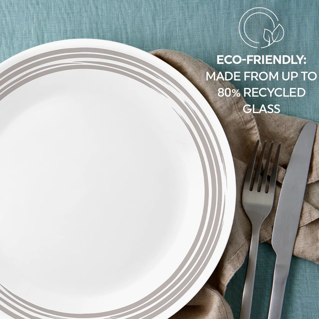 Brushed Silver salad plate with text eco-friendly made from up to 80% recycled glass
