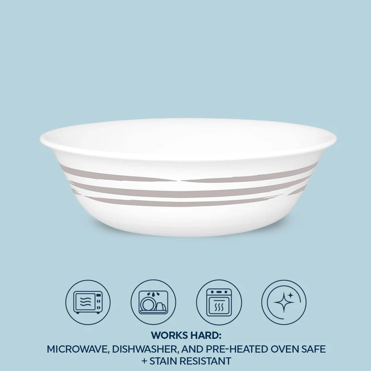 Brushed Silver 18-oz cereal bowl with text works hard microwave,dishwasher & preheated ovensafe & stain resistant