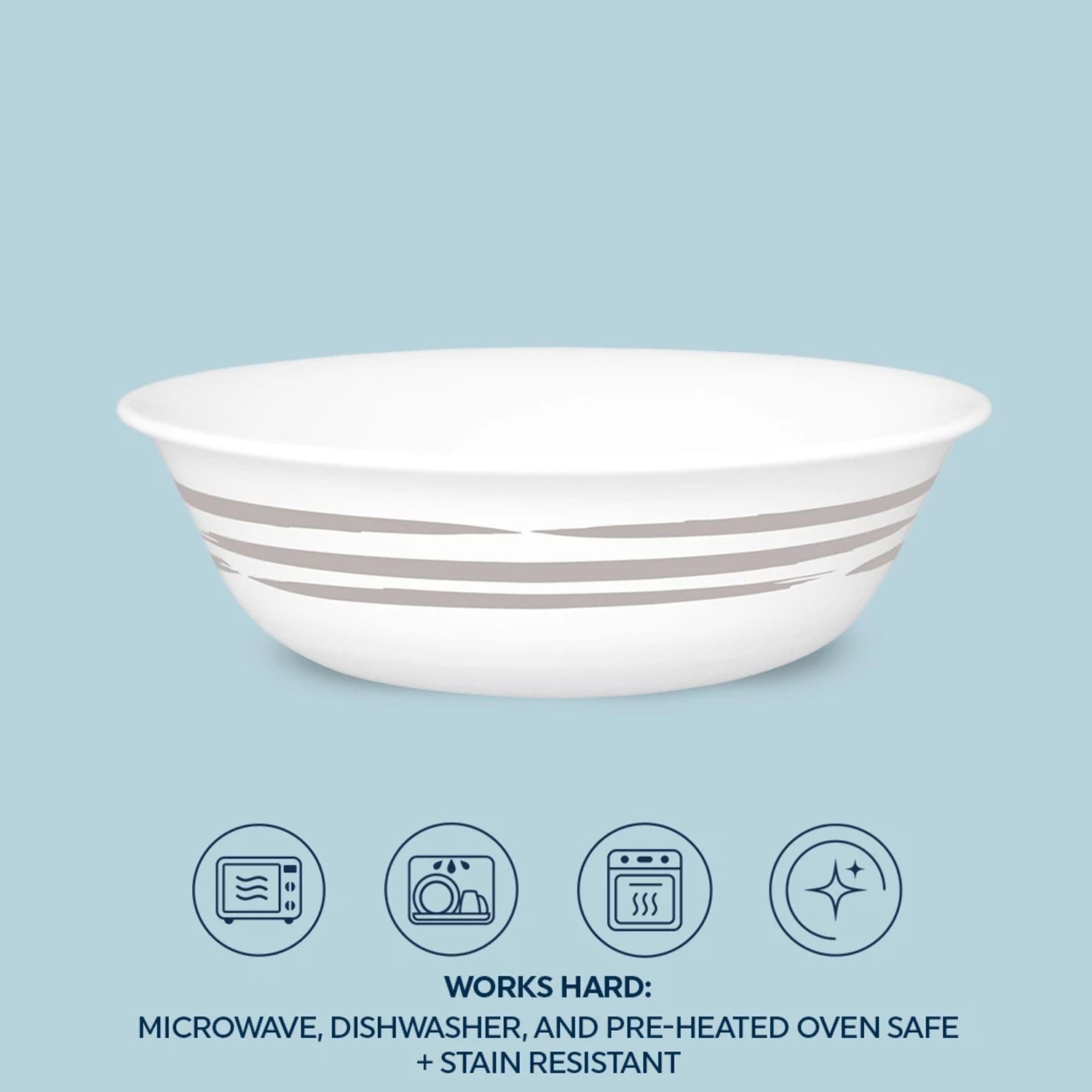 Brushed Silver 18-oz cereal bowl with text works hard microwave,dishwasher & preheated ovensafe & stain resistant