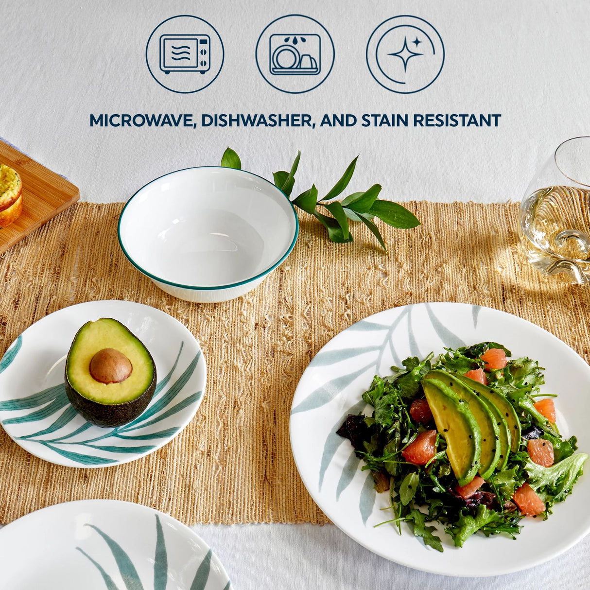 Solar Print dinner & appetizer plates & cereal bowl; text microwave, dishwasher & stain resistant