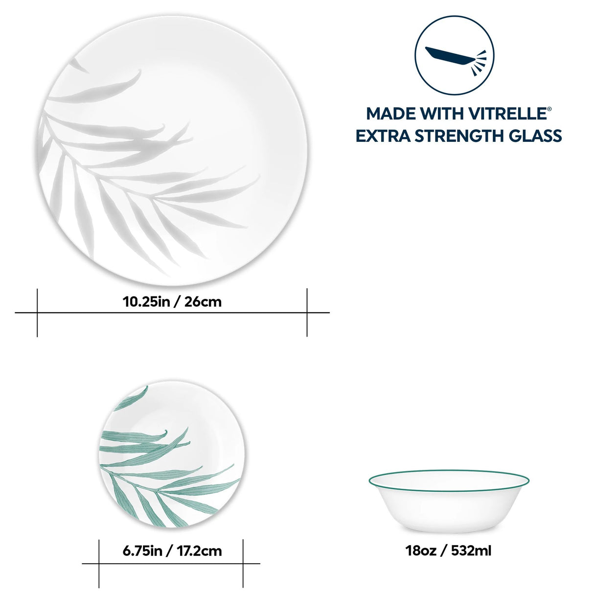 Dinner Plate, Appetizer Plate & Cereal Bowl with text made with vitrelle extra strength glass