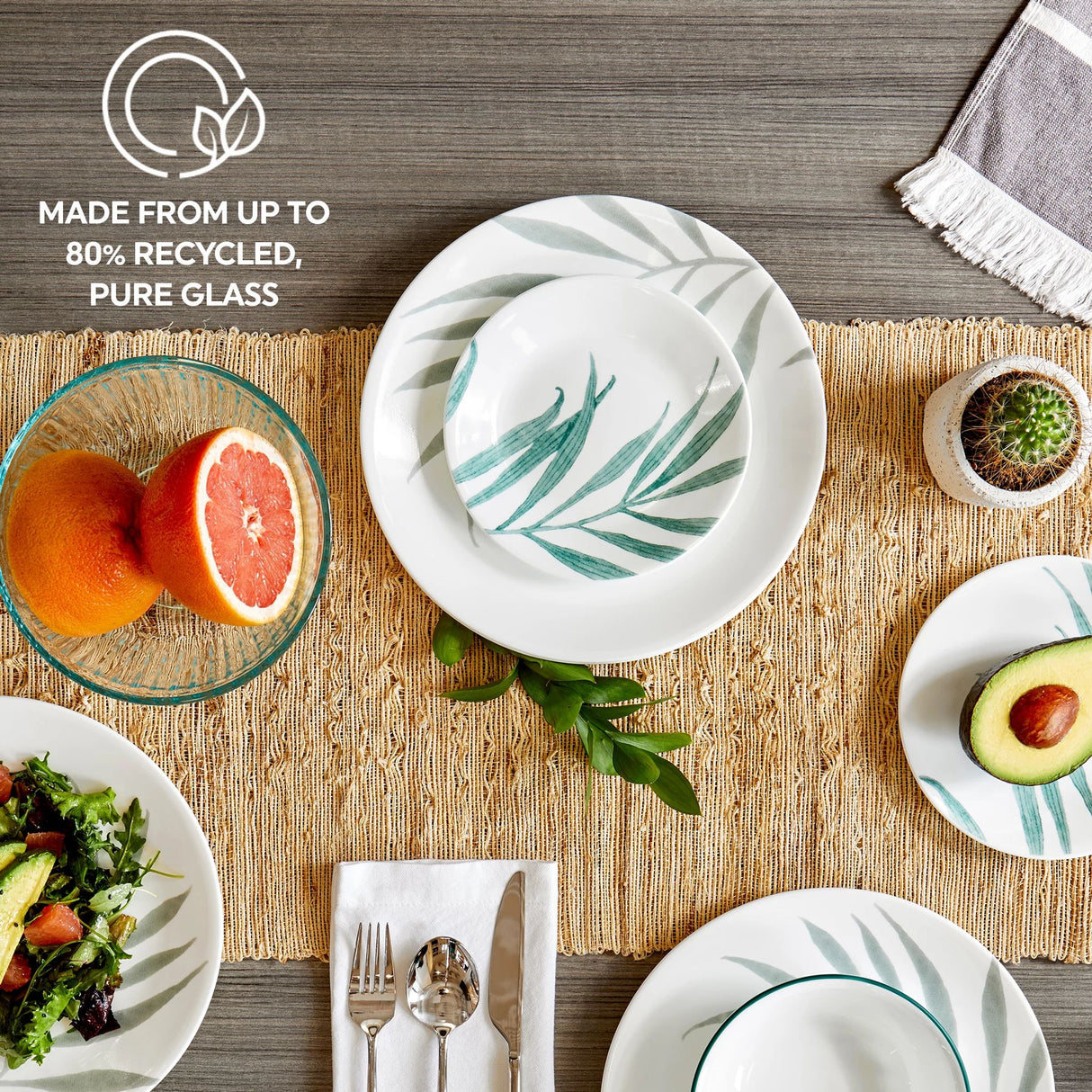 Solar Print dinner & appetizer plates on table with food & text on image-made from up to 80% recycled pure glass