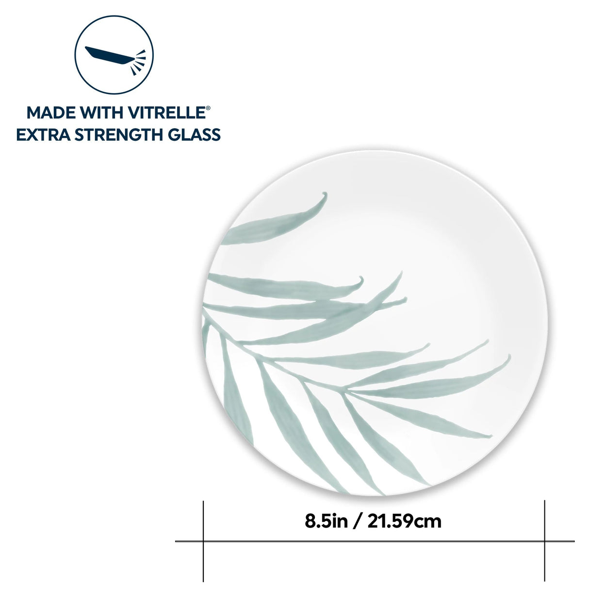 Solar Print 8.5" Salad plate with text made from vitrelle extrea strength glass & measurements of 8.5"