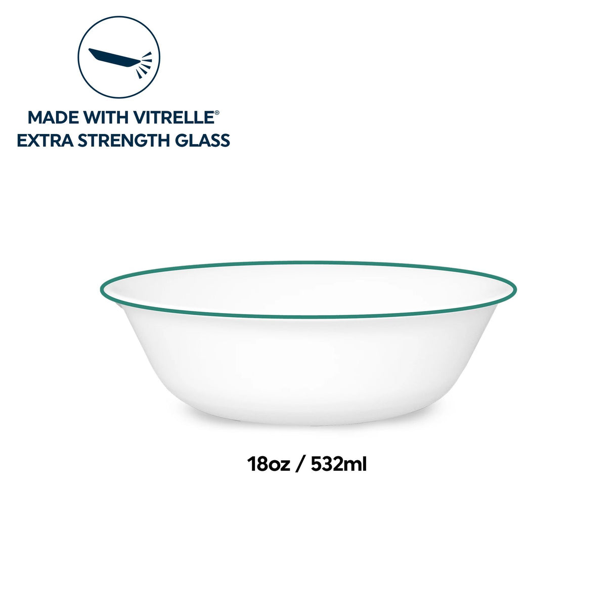 Solar Print 18-ounce white cereal bowl with green rim; text that says made with vitrelle extra strength glass