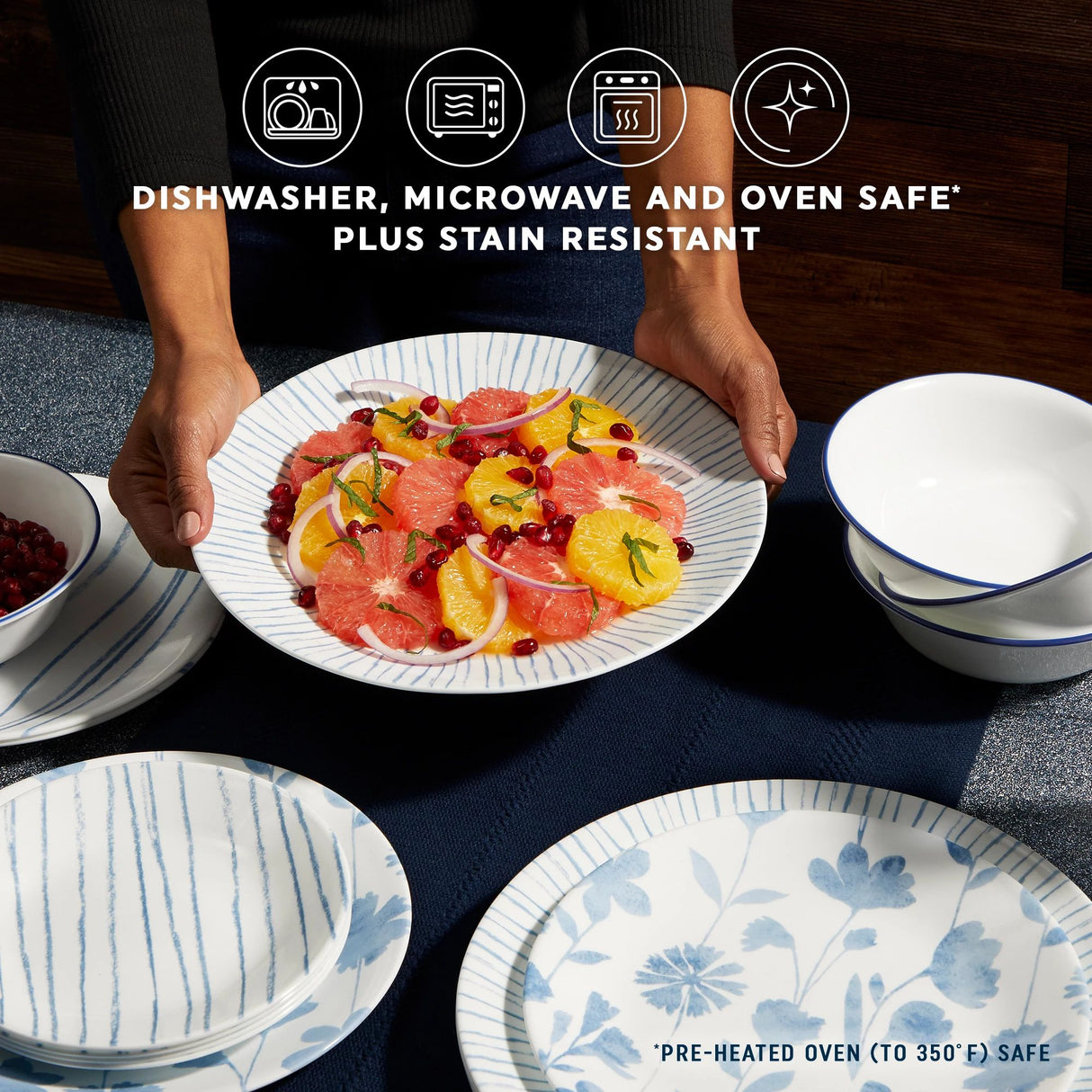 Botanical Stripes Dinnerware on tabletop with text dishwasher, microwave, and oven safe plus stain resistant