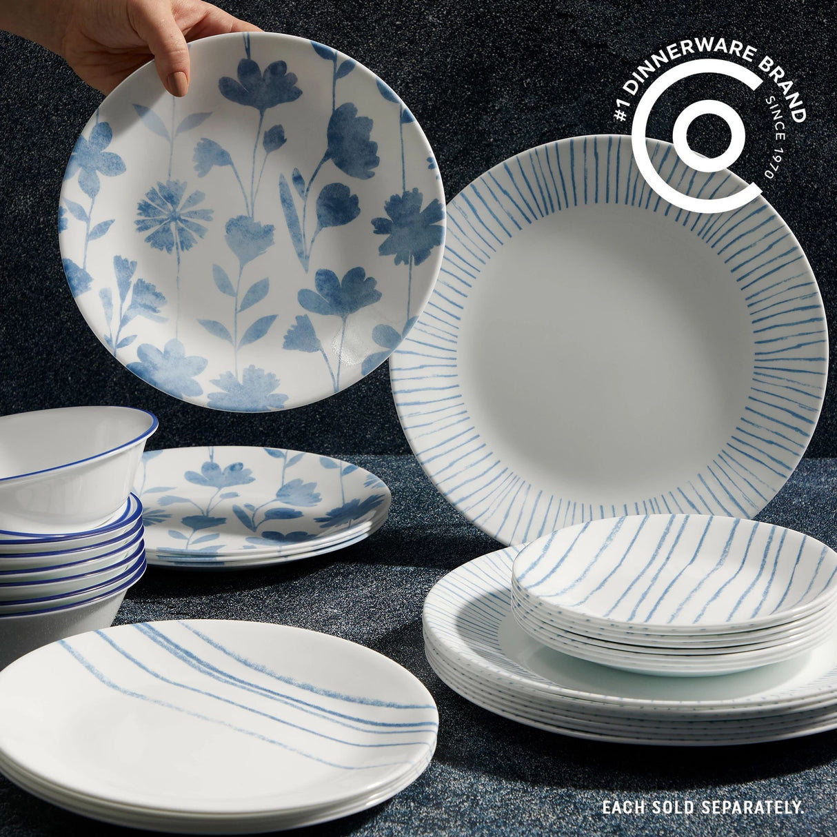 Botanical Stripes Dinnerware on tabletop with text #1 dinnerware brand