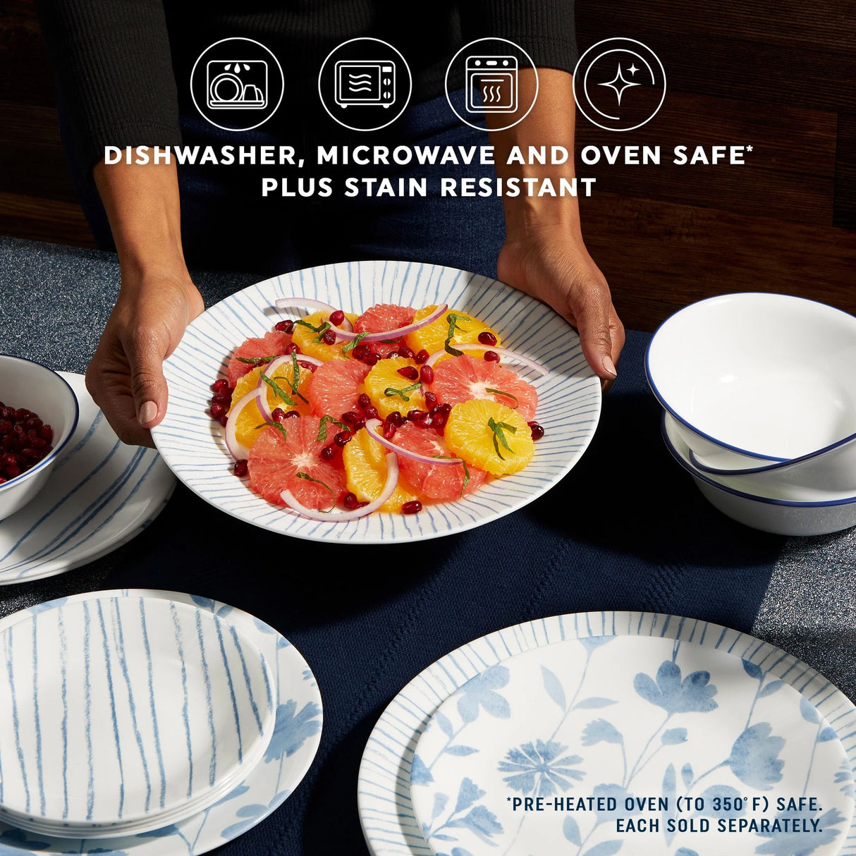 Botanical Stripes Dinnerware on tabletop with text dishwasher, microwave, and oven safe plus stain resistant