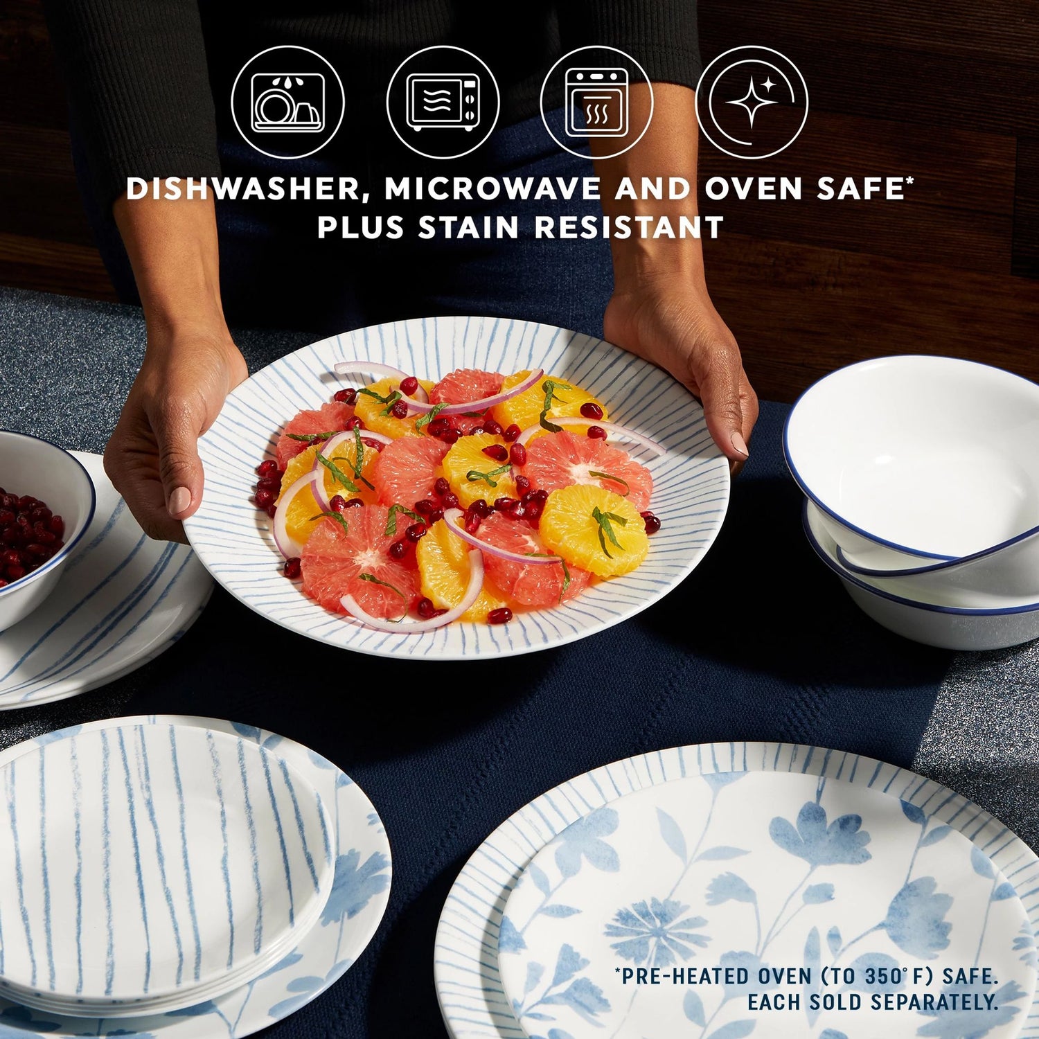 Botanical Stripes Dinnerware on tabletop with text dishwasher, microwave, and oven safe plus stain resistant
