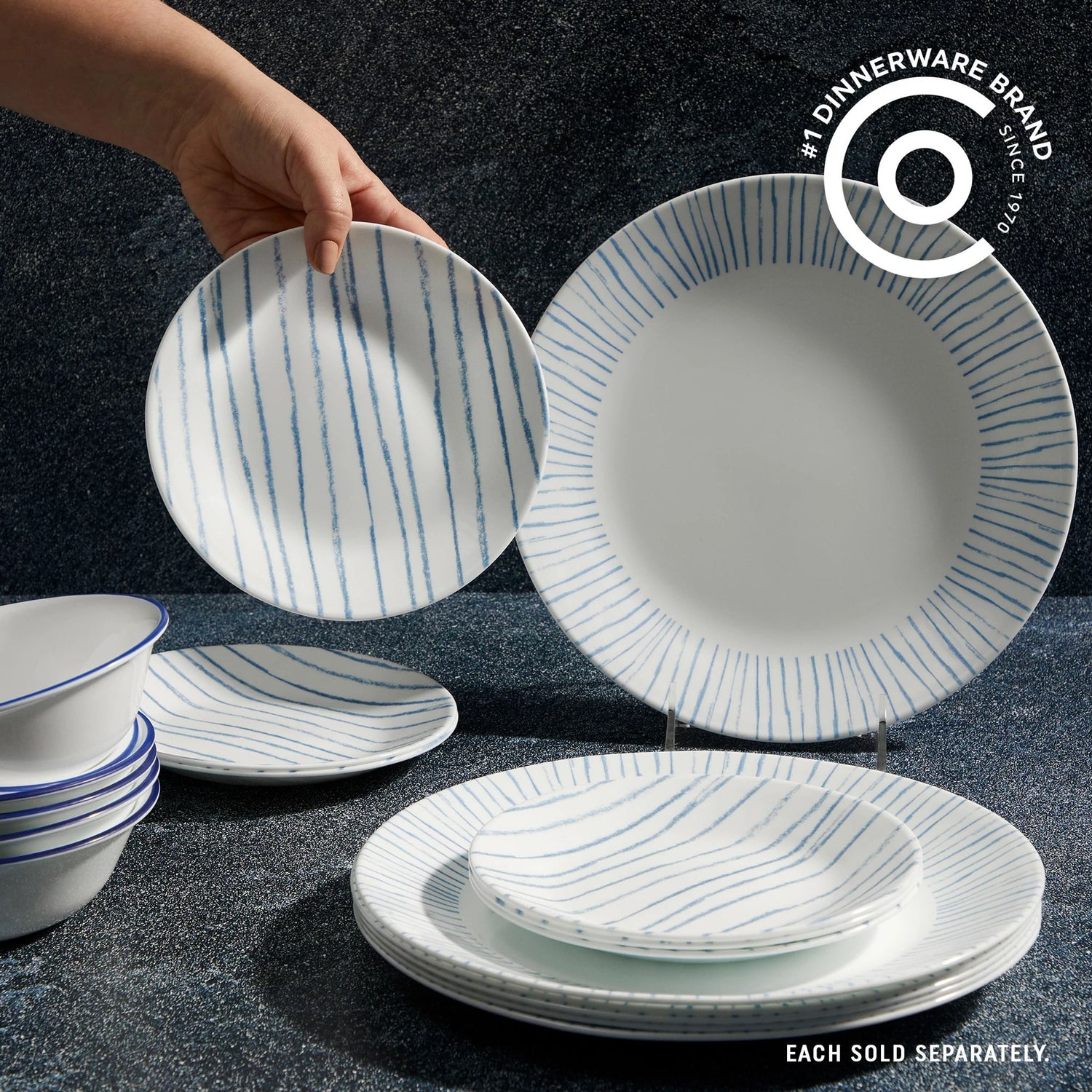 Botanical Stripes Dinnerware on tabletop with text #1 dinnerware brand