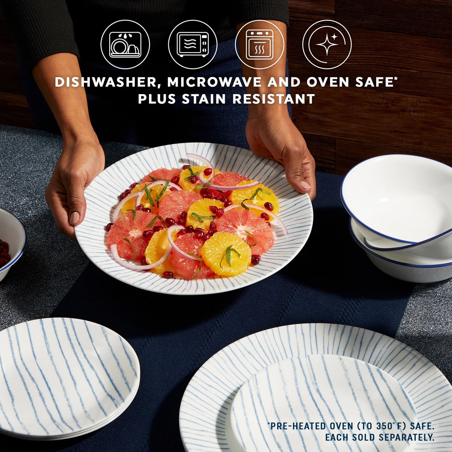 Botanical Stripes Dinnerware on tabletop with text dishwasher, microwave, and oven safe plus stain resistant