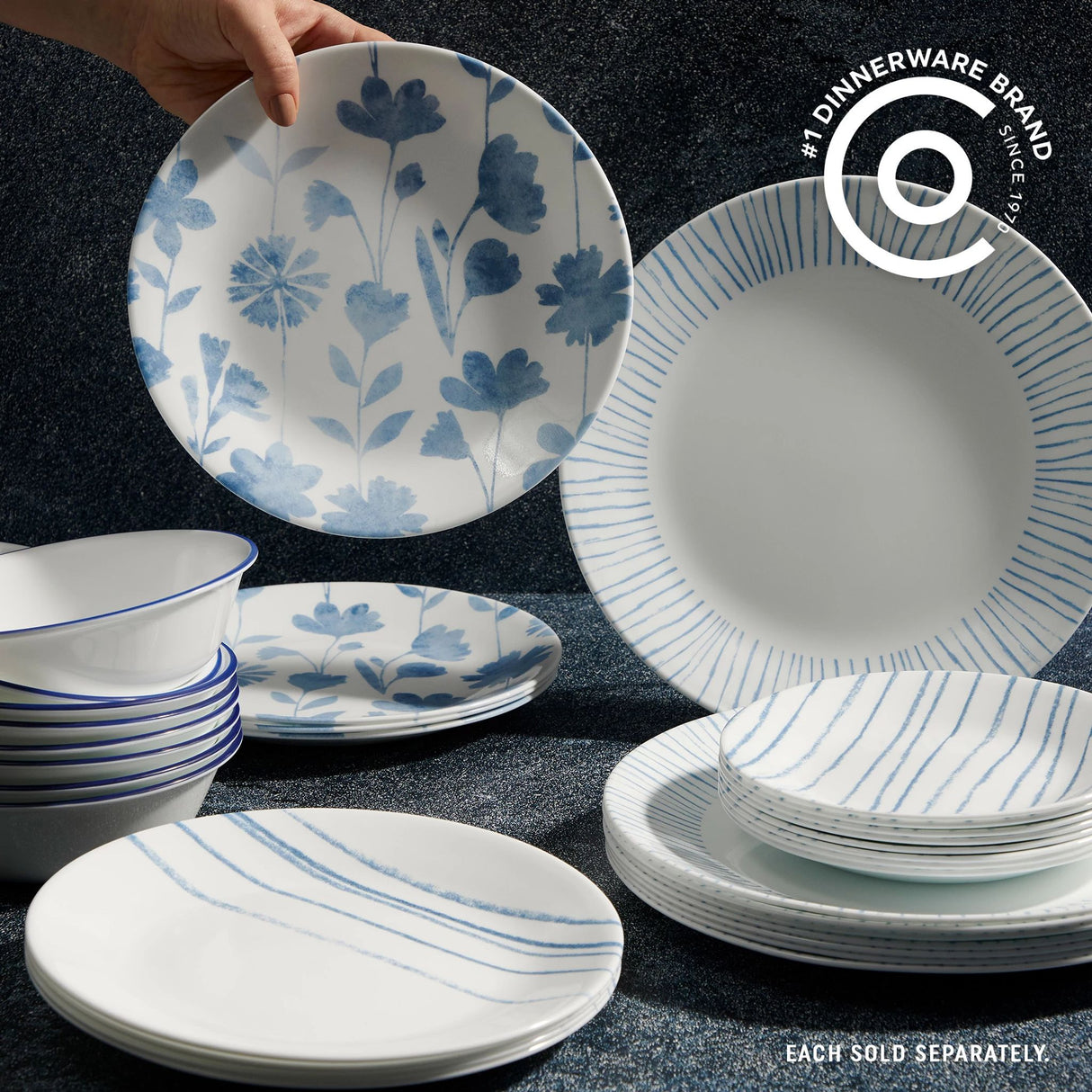 Botanical Stripes Dinnerware on tabletop with text #1 dinnerware brand