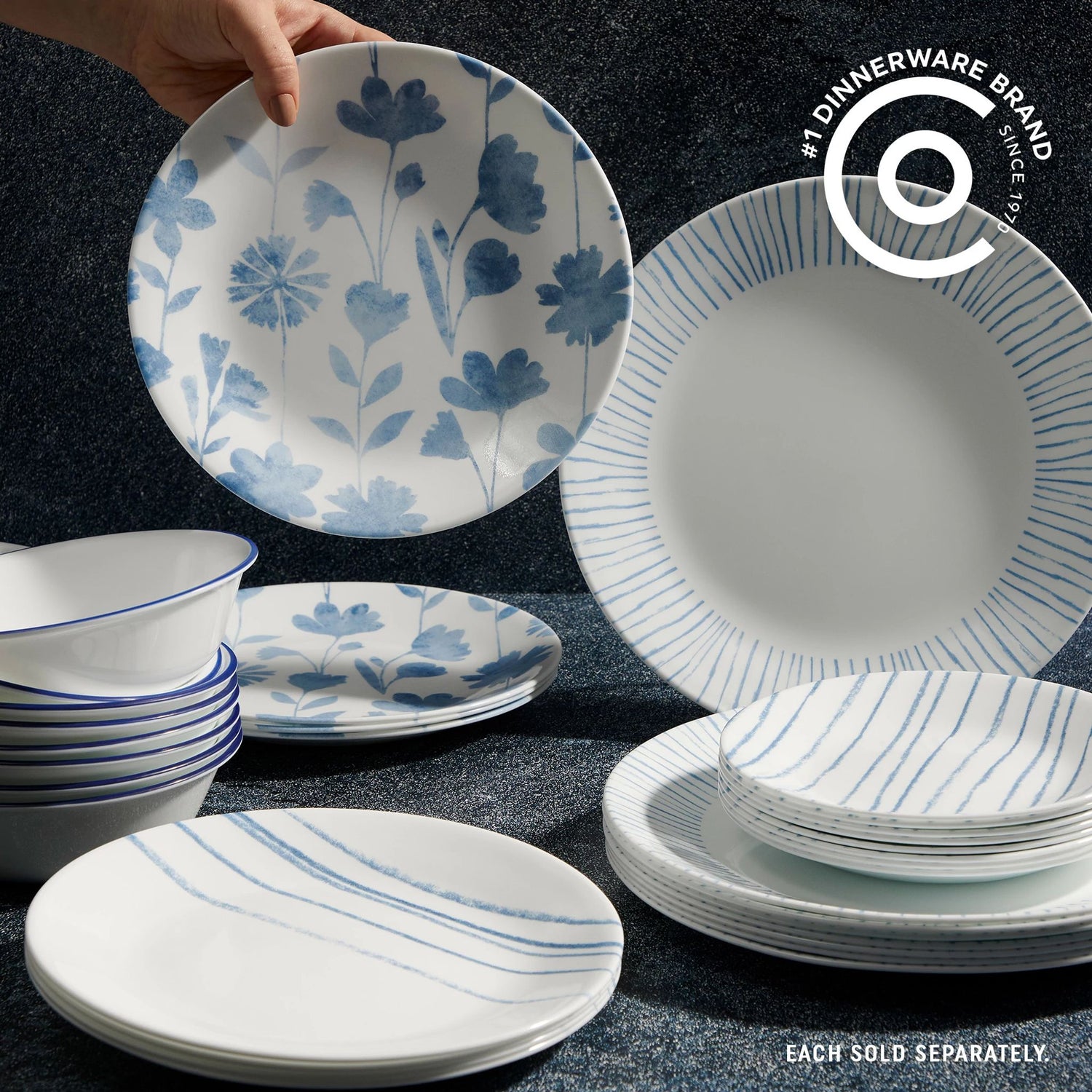 Botanical Stripes Dinnerware on tabletop with text #1 dinnerware brand